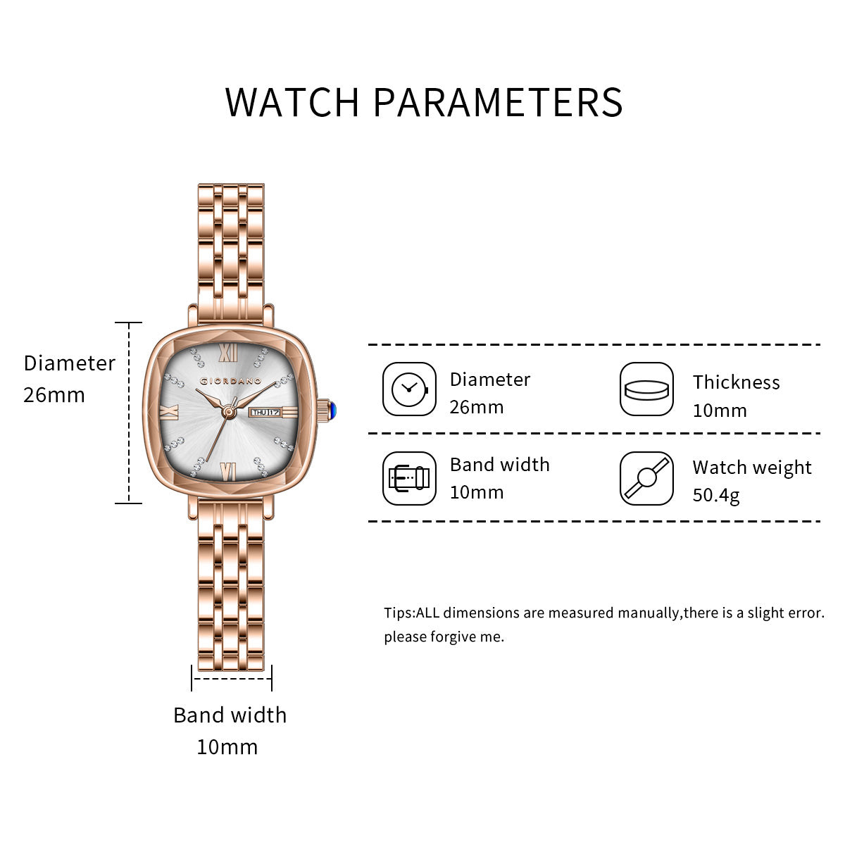 Giordano Elegant Square Watch for Women – Crystal & Roman Hour Markers, Day-Date Display, Stainless Steel Strap | GZ-60097-55