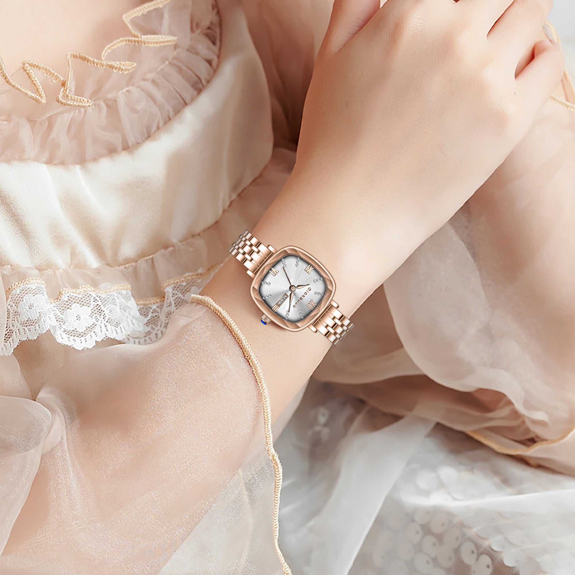 Giordano Elegant Square Watch for Women – Crystal & Roman Hour Markers, Day-Date Display, Stainless Steel Strap | GZ-60097-55