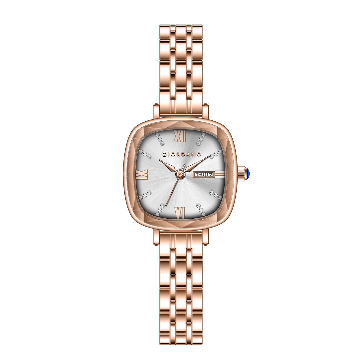 Giordano Elegant Square Watch for Women – Crystal & Roman Hour Markers, Day-Date Display, Stainless Steel Strap | GZ-60097-55