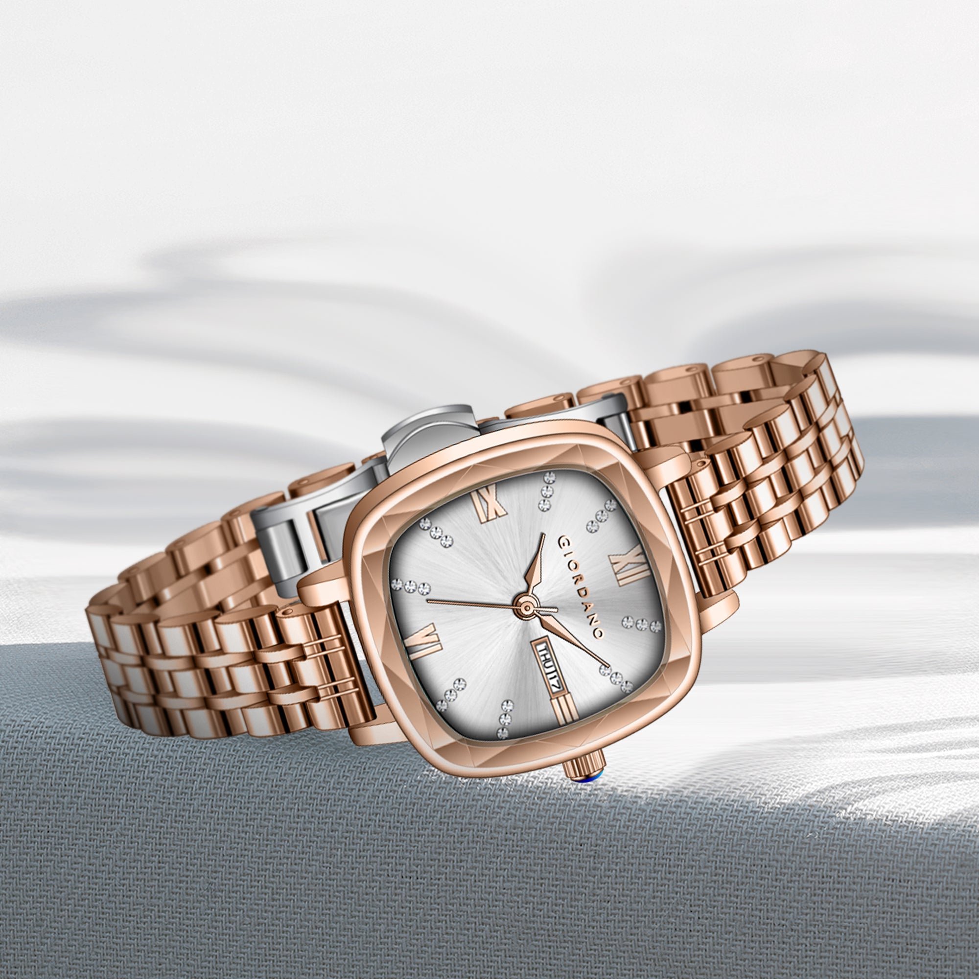 Giordano Elegant Square Watch for Women – Crystal & Roman Hour Markers, Day-Date Display, Stainless Steel Strap | GZ-60097-55