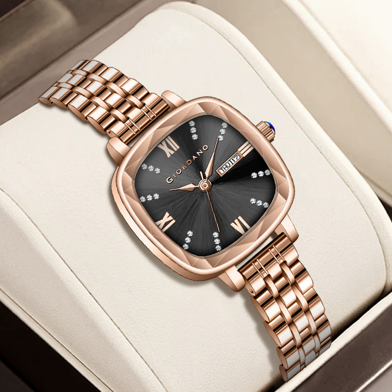 Giordano Elegant Square Watch for Women – Crystal & Roman Hour Markers, Day-Date Display, Stainless Steel Strap | GZ-60097-66