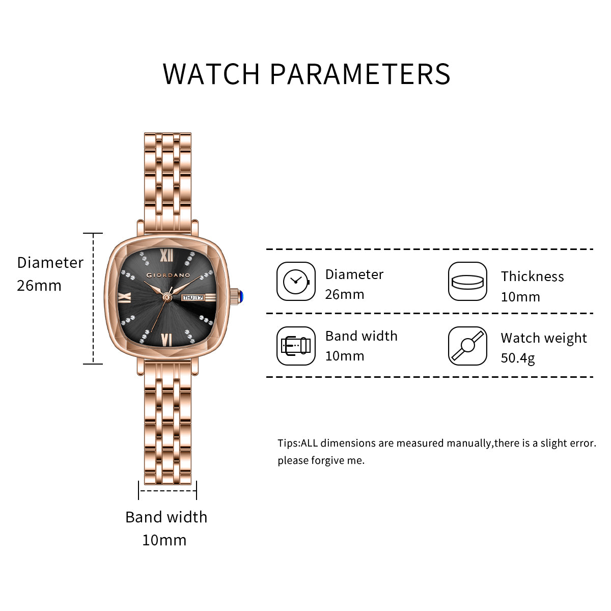 Giordano Elegant Square Watch for Women – Crystal & Roman Hour Markers, Day-Date Display, Stainless Steel Strap | GZ-60097-66