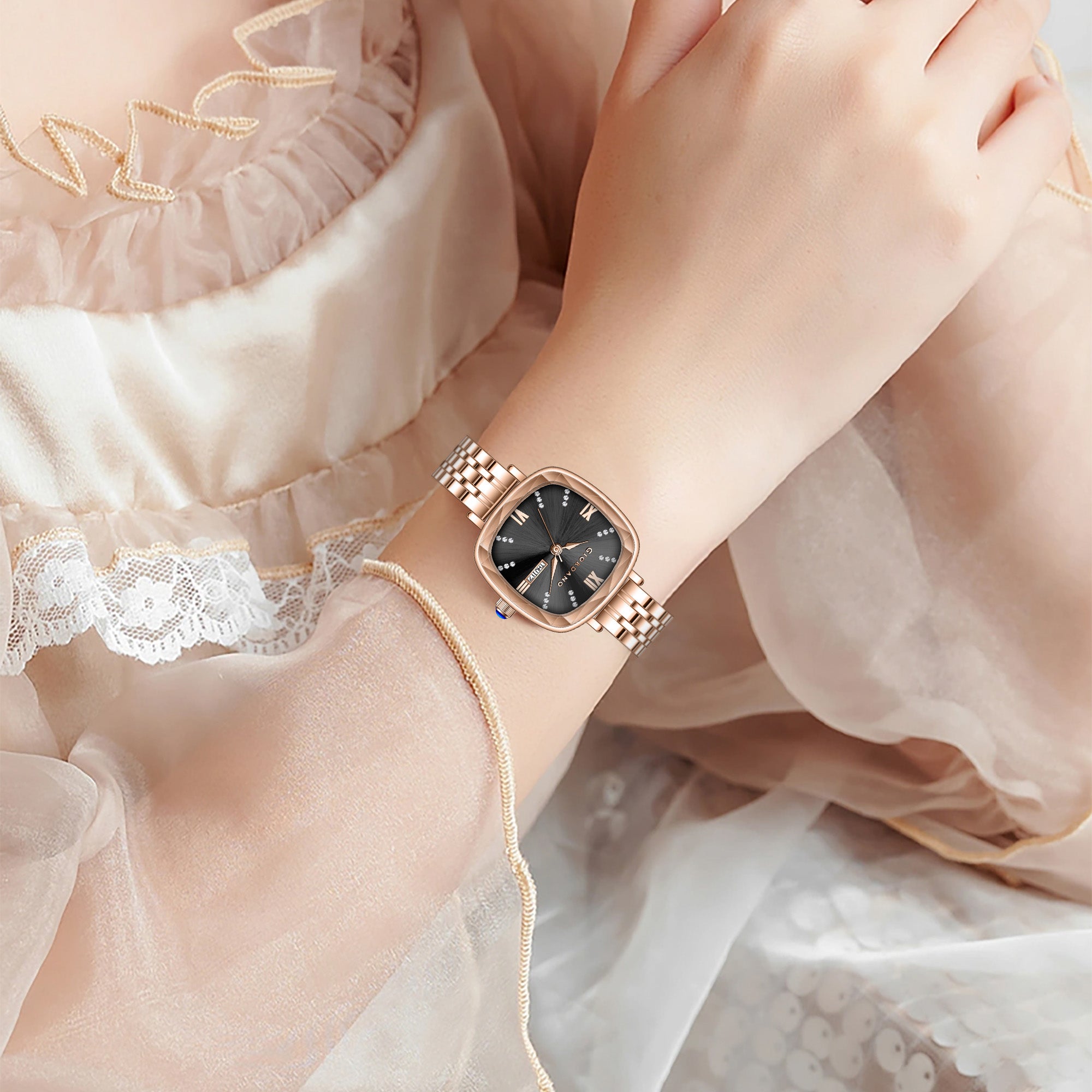 Giordano Elegant Square Watch for Women – Crystal & Roman Hour Markers, Day-Date Display, Stainless Steel Strap | GZ-60097-66