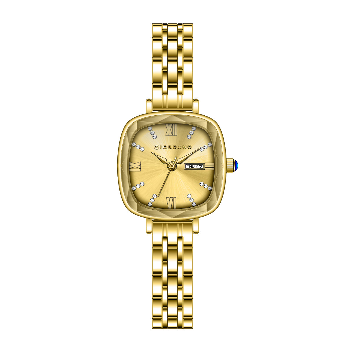 Giordano Elegant Square Watch for Women – Crystal & Roman Hour Markers, Day-Date Display, Stainless Steel Strap | GZ-60097-77