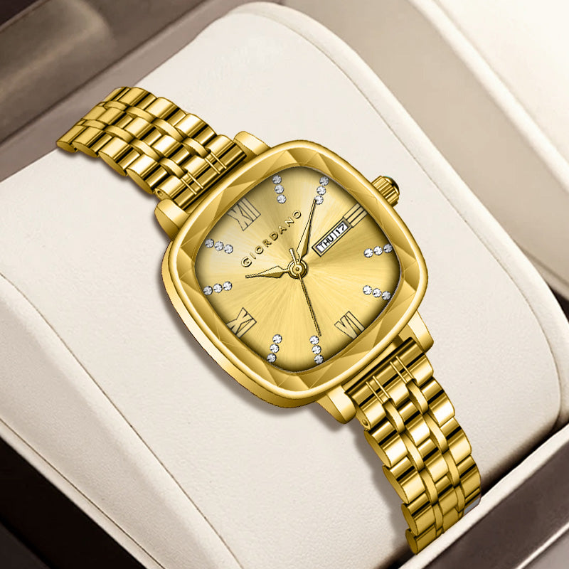 Giordano Elegant Square Watch for Women – Crystal & Roman Hour Markers, Day-Date Display, Stainless Steel Strap | GZ-60097-77