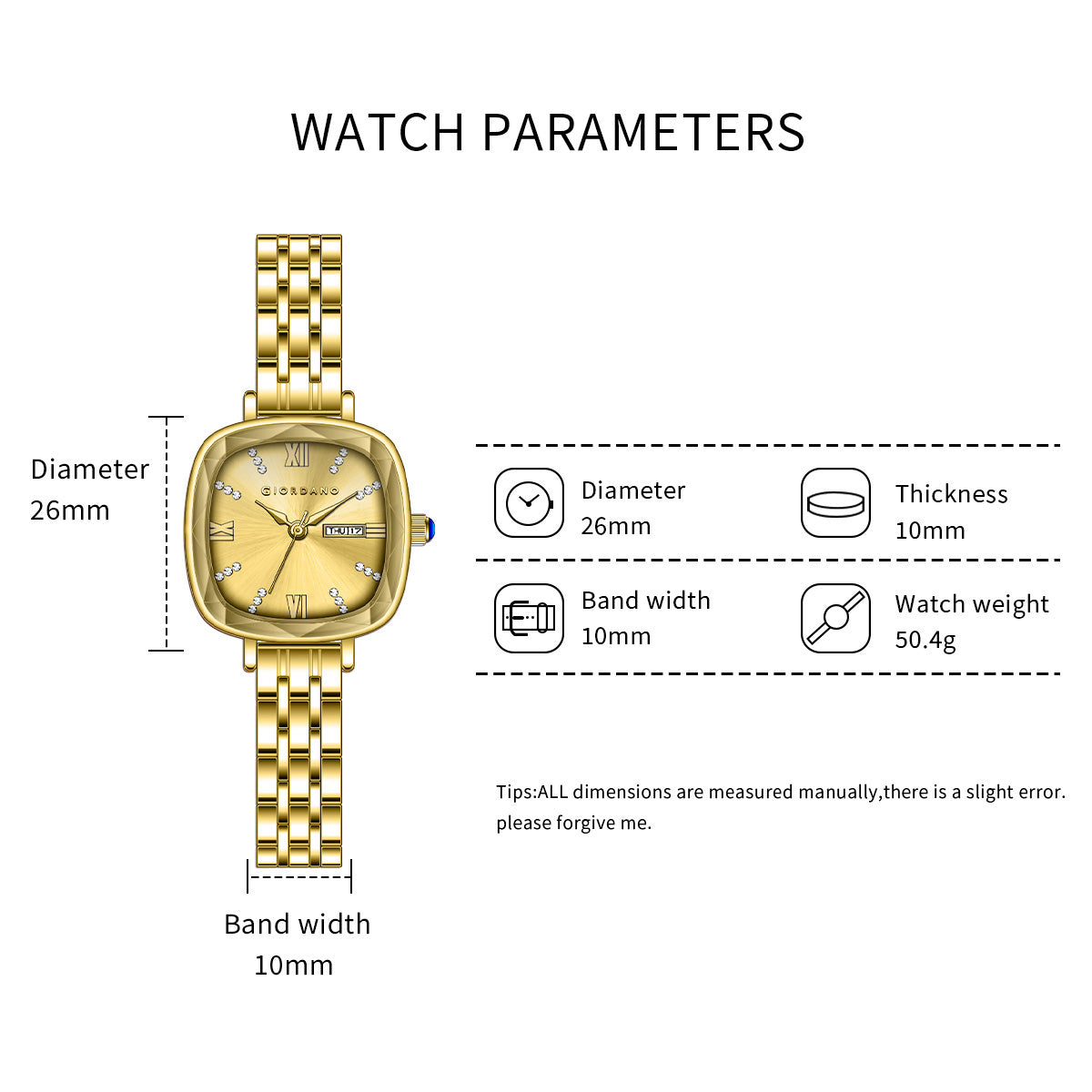 Giordano Elegant Square Watch for Women – Crystal & Roman Hour Markers, Day-Date Display, Stainless Steel Strap | GZ-60097-77