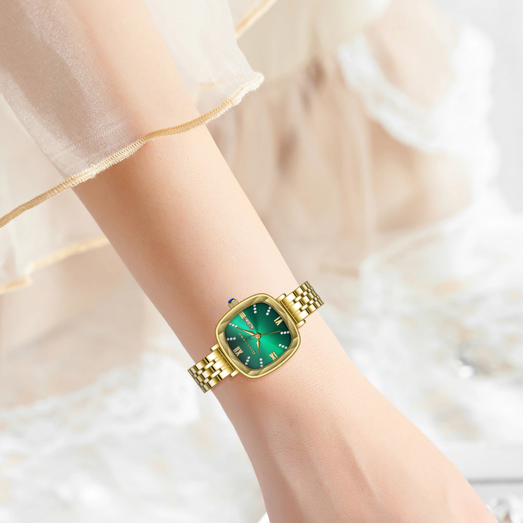 Giordano Elegant Square Watch for Women – Crystal & Roman Hour Markers, Day-Date Display, Stainless Steel Strap | GZ-60097-88