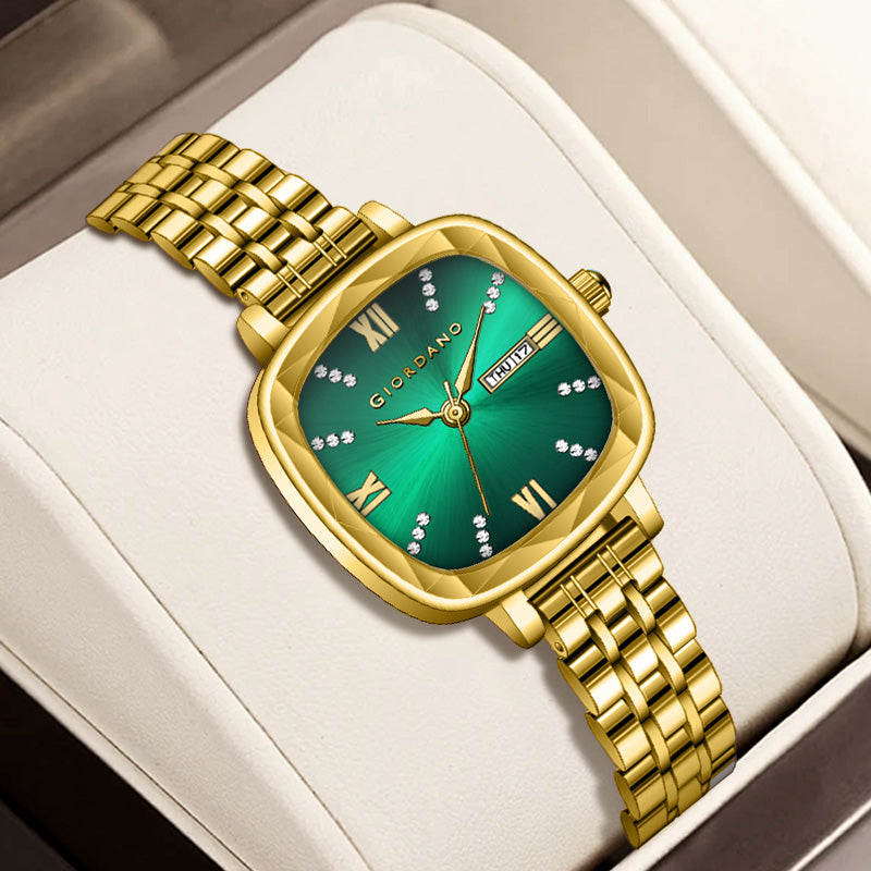 Giordano Elegant Square Watch for Women – Crystal & Roman Hour Markers, Day-Date Display, Stainless Steel Strap | GZ-60097-88