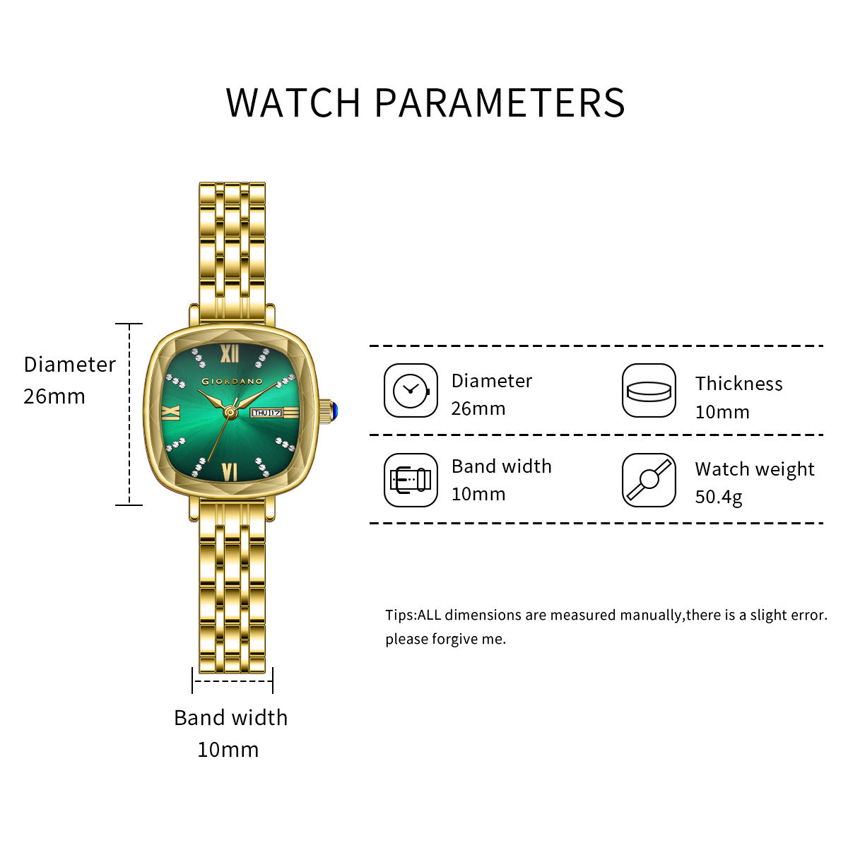 Giordano Elegant Square Watch for Women – Crystal & Roman Hour Markers, Day-Date Display, Stainless Steel Strap | GZ-60097-88