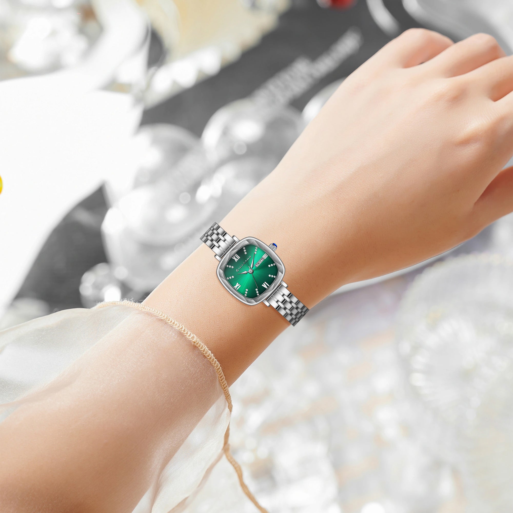 Giordano Elegant Square Watch for Women – Crystal & Roman Hour Markers, Day-Date Display, Stainless Steel Strap | GZ-60097-99