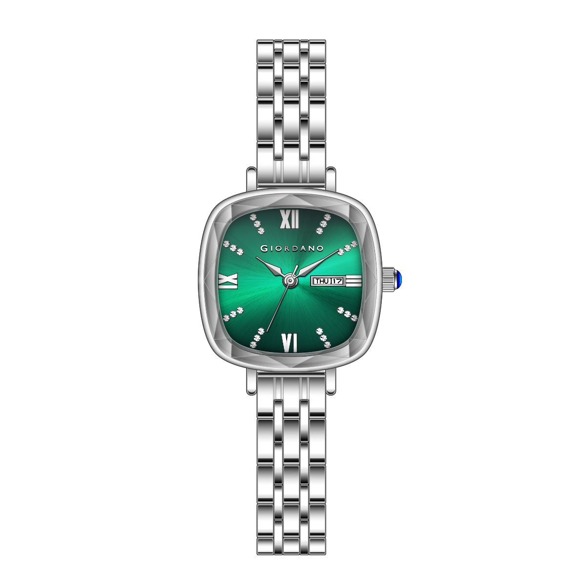 Giordano Elegant Square Watch for Women – Crystal & Roman Hour Markers, Day-Date Display, Stainless Steel Strap | GZ-60097-99