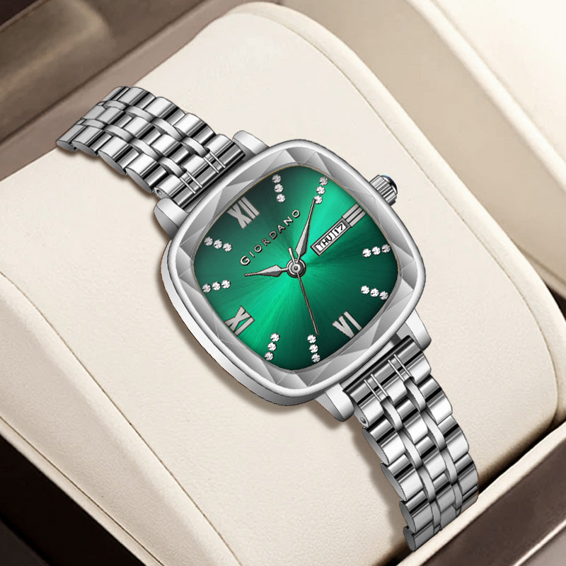 Giordano Elegant Square Watch for Women – Crystal & Roman Hour Markers, Day-Date Display, Stainless Steel Strap | GZ-60097-99