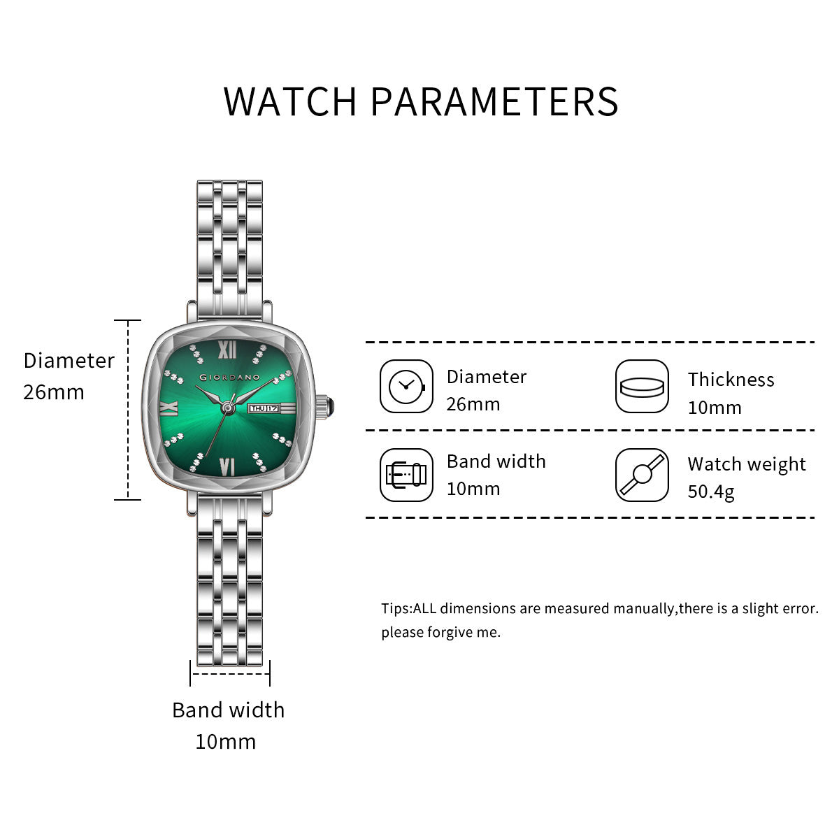 Giordano Elegant Square Watch for Women – Crystal & Roman Hour Markers, Day-Date Display, Stainless Steel Strap | GZ-60097-99