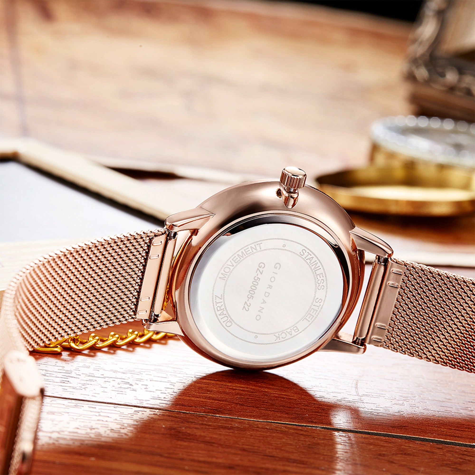 Giordano Skyscrapper Collection Multi-Function Rose Gold Watch for Man with White Dial and Rose Gold Metal Mesh Strap Wrist Watches for Men, with Classy Mesh Band | GZ-50005-22