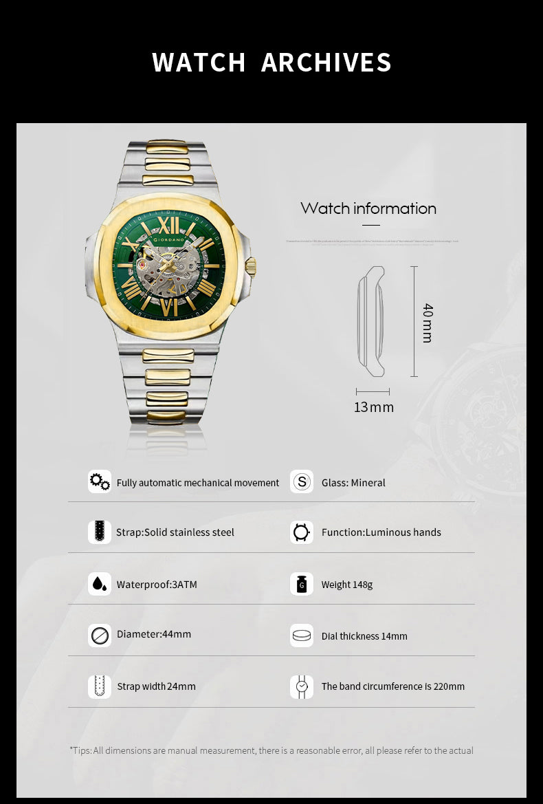 Giordano Dual-Tone Skeleton Automatic Stainless Steel Watch for Men with Luxurious Gold Accent Case | GZ-50114-22