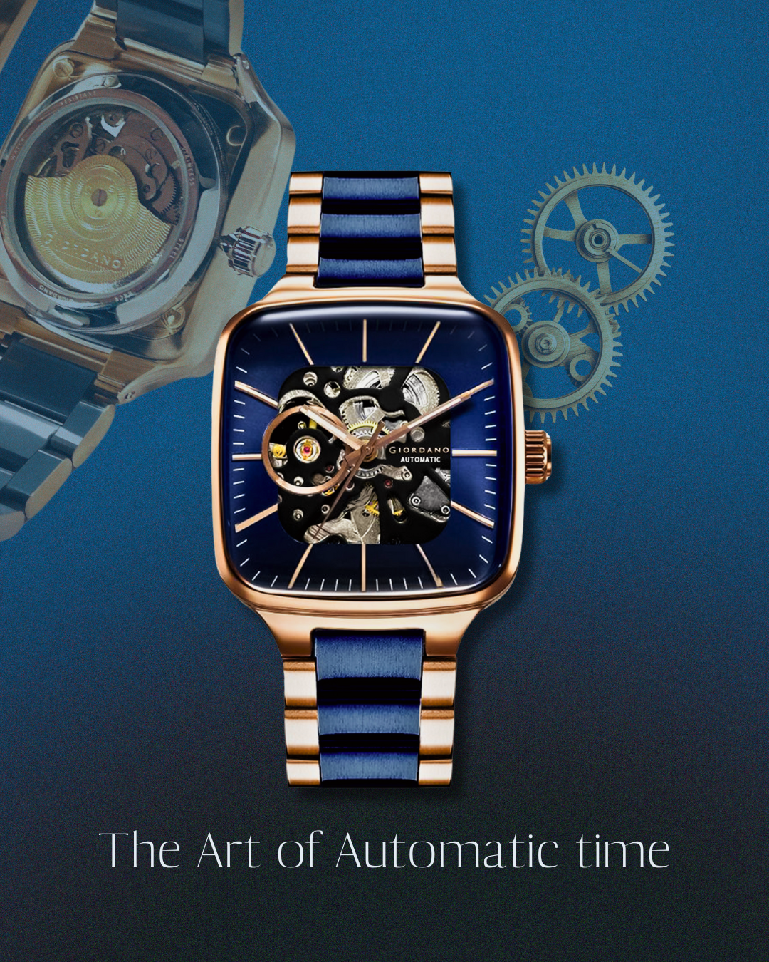 Giordano Luxury Watch for Men – Automatic Skeleton Square Dial, Stainless Steel Strap, Premium Mechanical Movement | GZ-50121-22