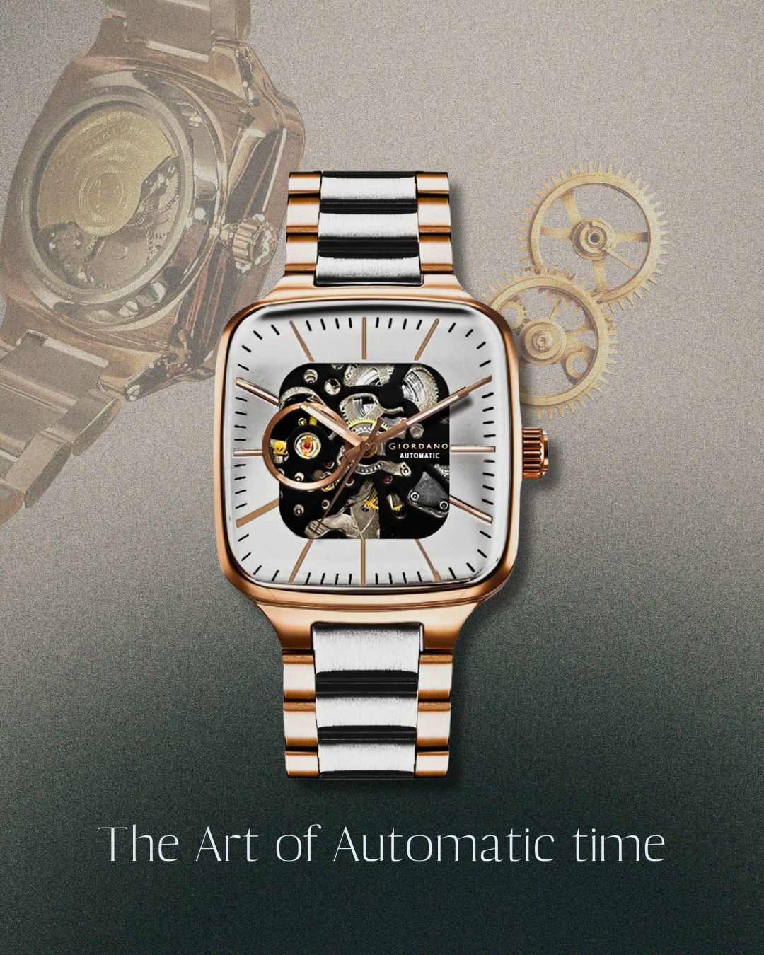 Giordano Luxury Watch for Men – Automatic Skeleton Square Dial, Stainless Steel Strap, Premium Mechanical Movement | GZ-50121-33