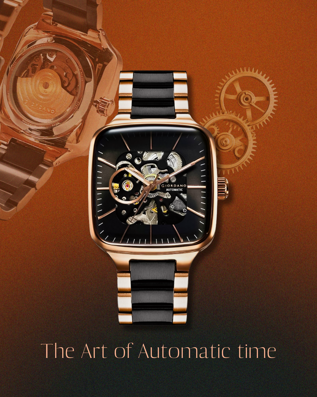 Giordano Luxury Watch for Men – Automatic Skeleton Square Dial, Stainless Steel Strap, Premium Mechanical Movement | GZ-50121-11