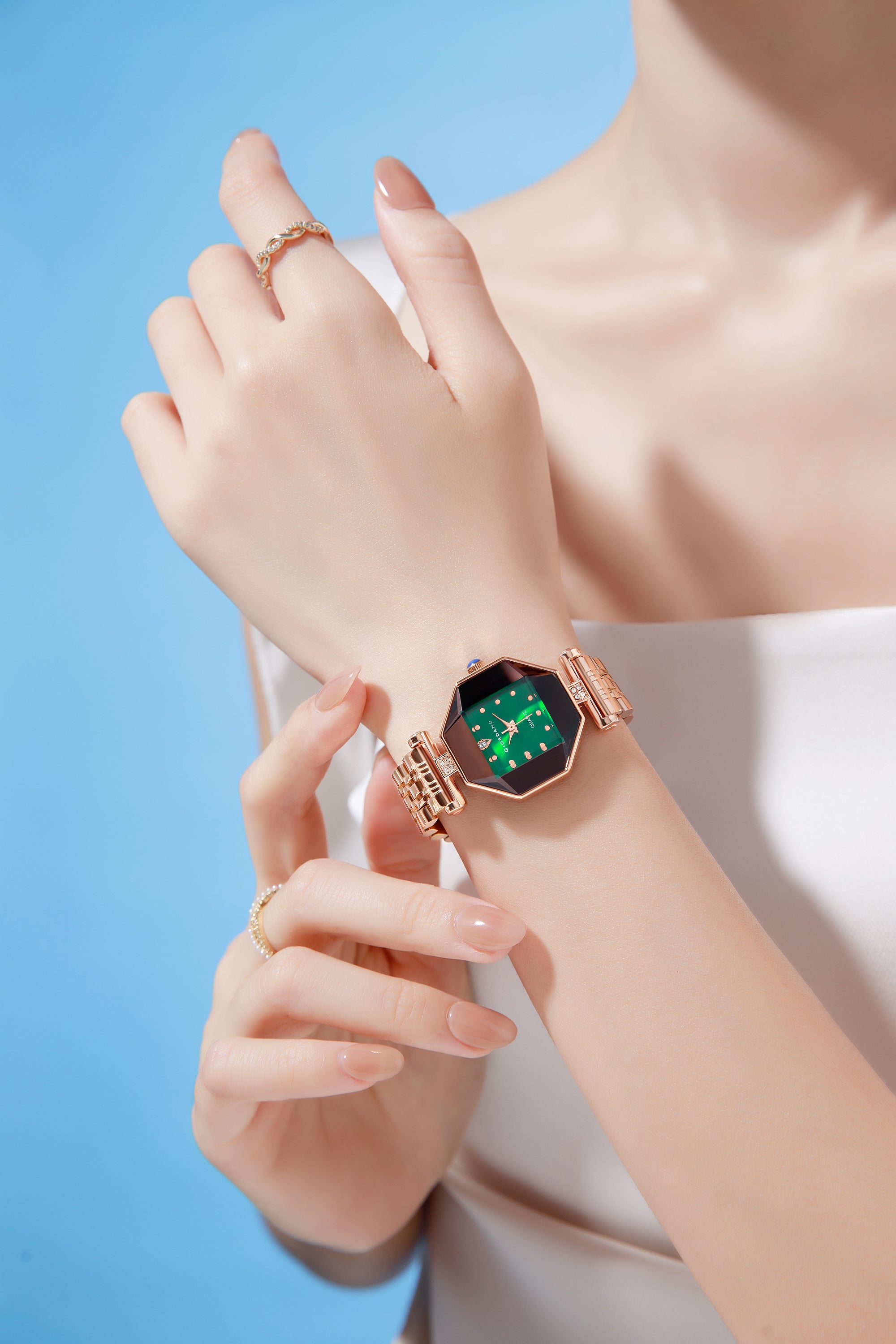 Giordano Dress Watch for Women – Rose Gold Finish, Diamond Accented Octagonal Dial & Stainless Steel Strap | GZ-60096-33