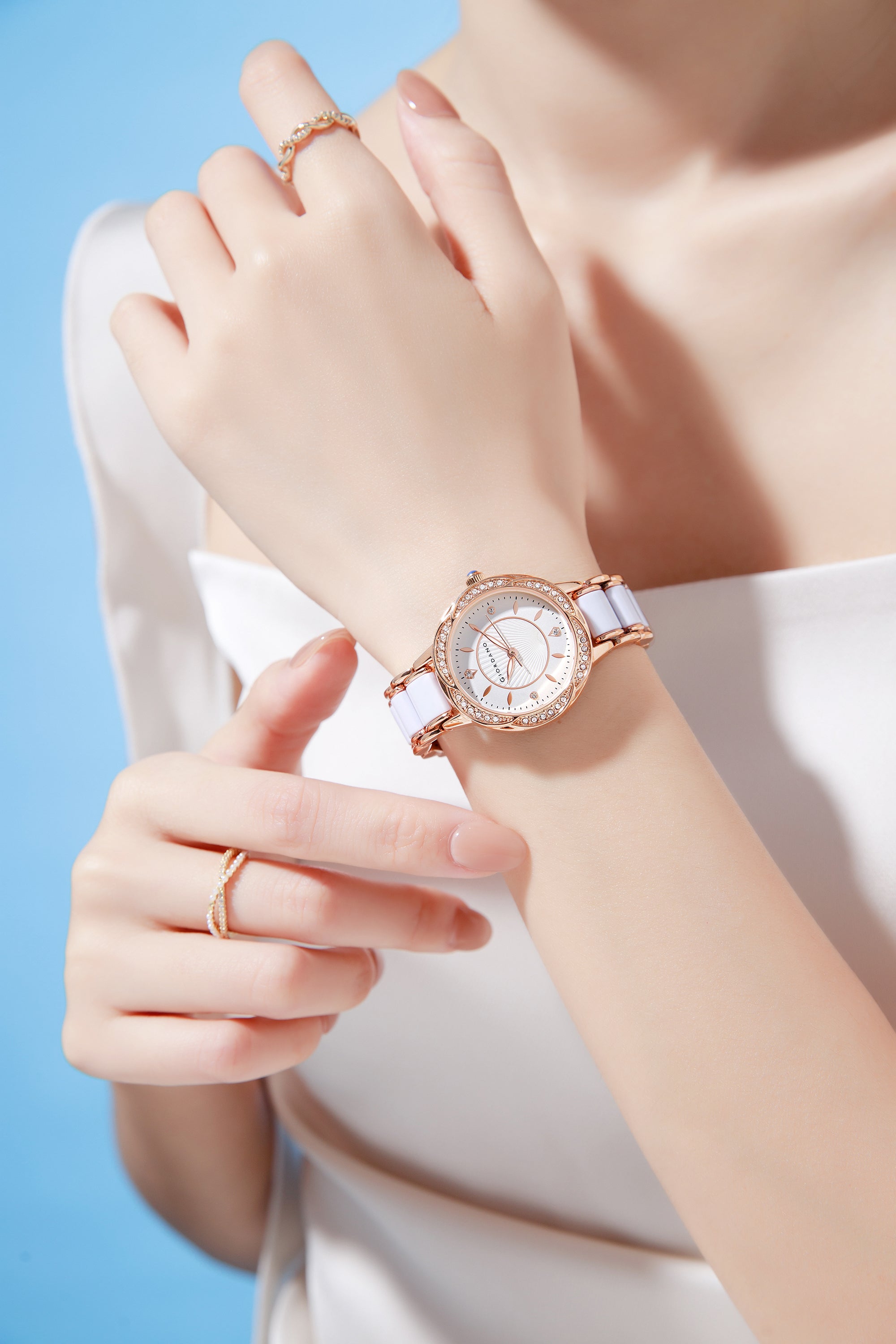 Giordano Flower Case Watch for Women with Crystal-Studded Bezel, Diamond Hour Markers & Dual Tone Stainless Strap | GZ-60095-33