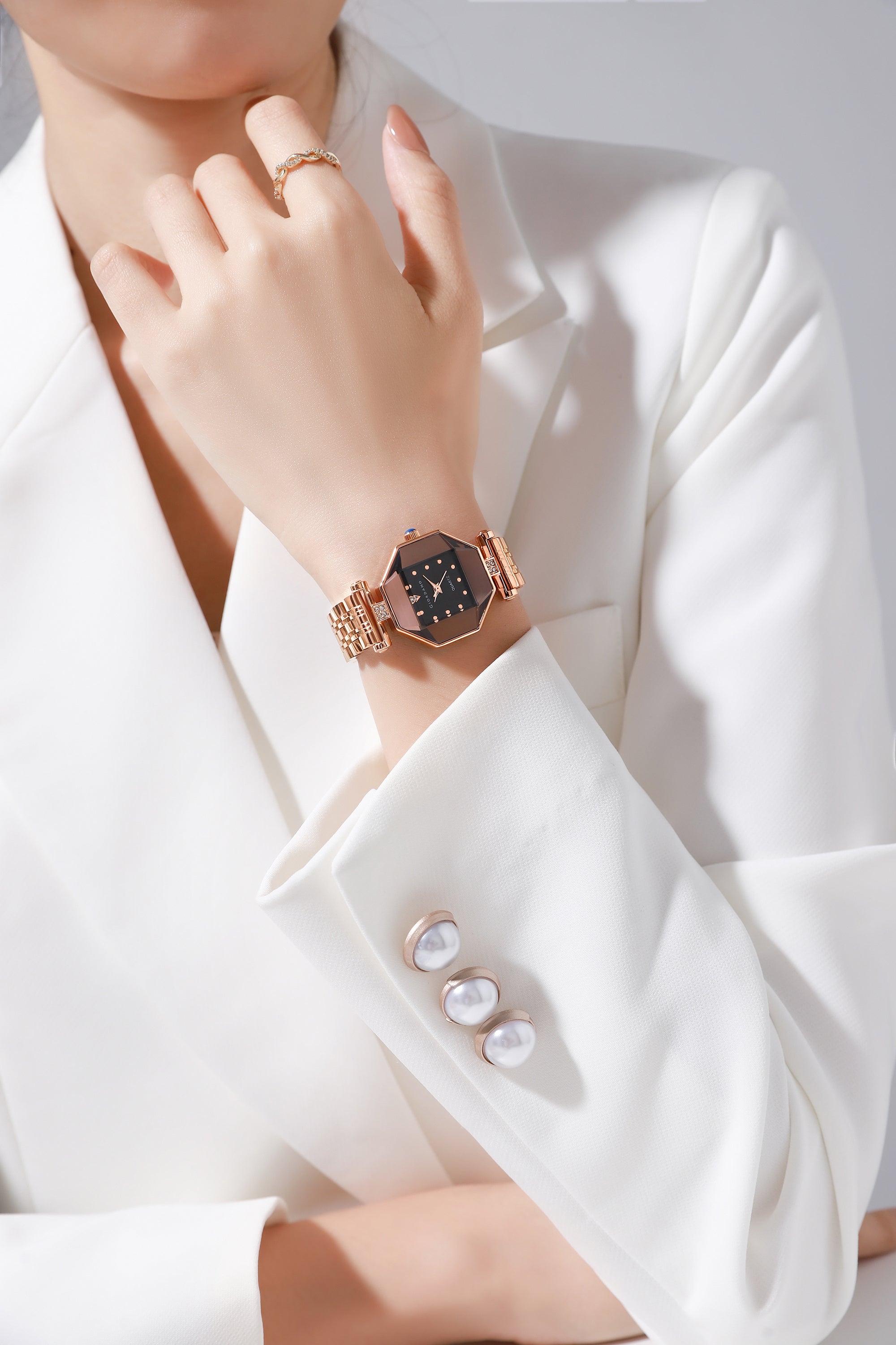 Giordano Dress Watch for Women – Rose Gold Finish, Diamond Accented Octagonal Dial & Stainless Steel Strap | GZ-60096-11