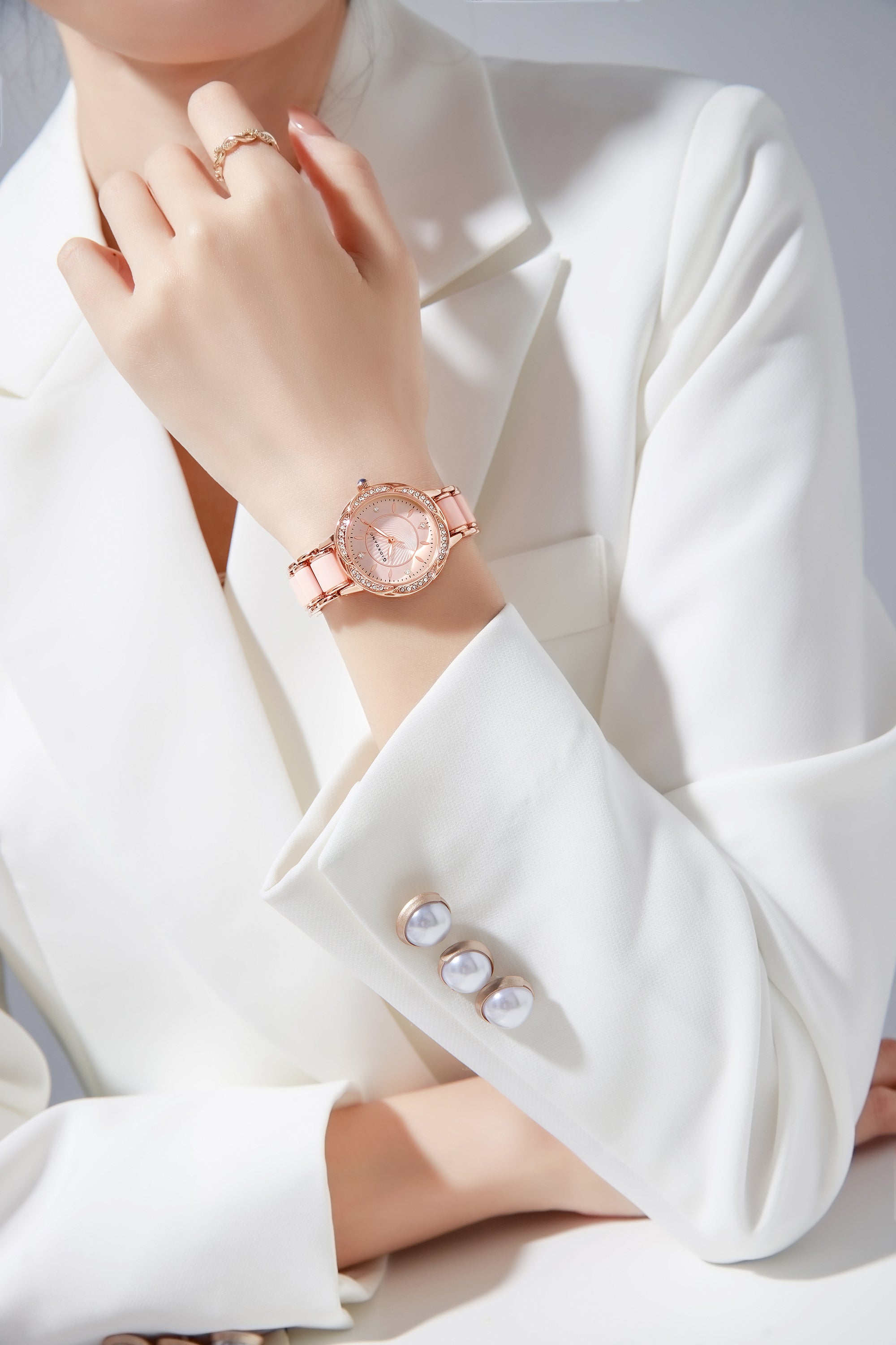 Giordano Flower Case Watch for Women with Crystal-Studded Bezel, Diamond Hour Markers & Dual Tone Stainless Strap | GZ-60095-22