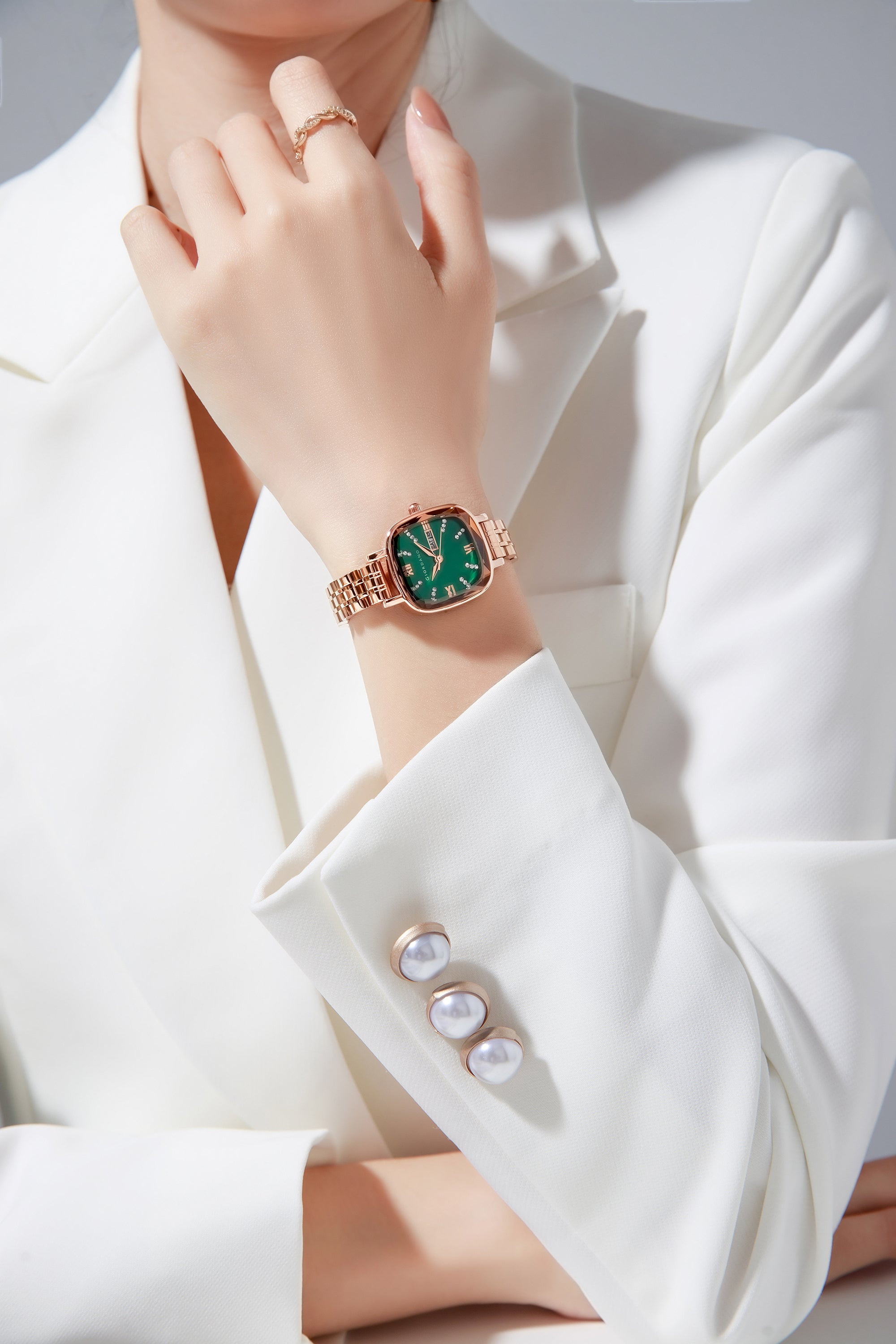 Giordano Elegant Square Rose Gold Watch for Women – Crystal & Roman Hour Markers, Day-Date Display, Stainless Steel Strap | GZ-60097-33