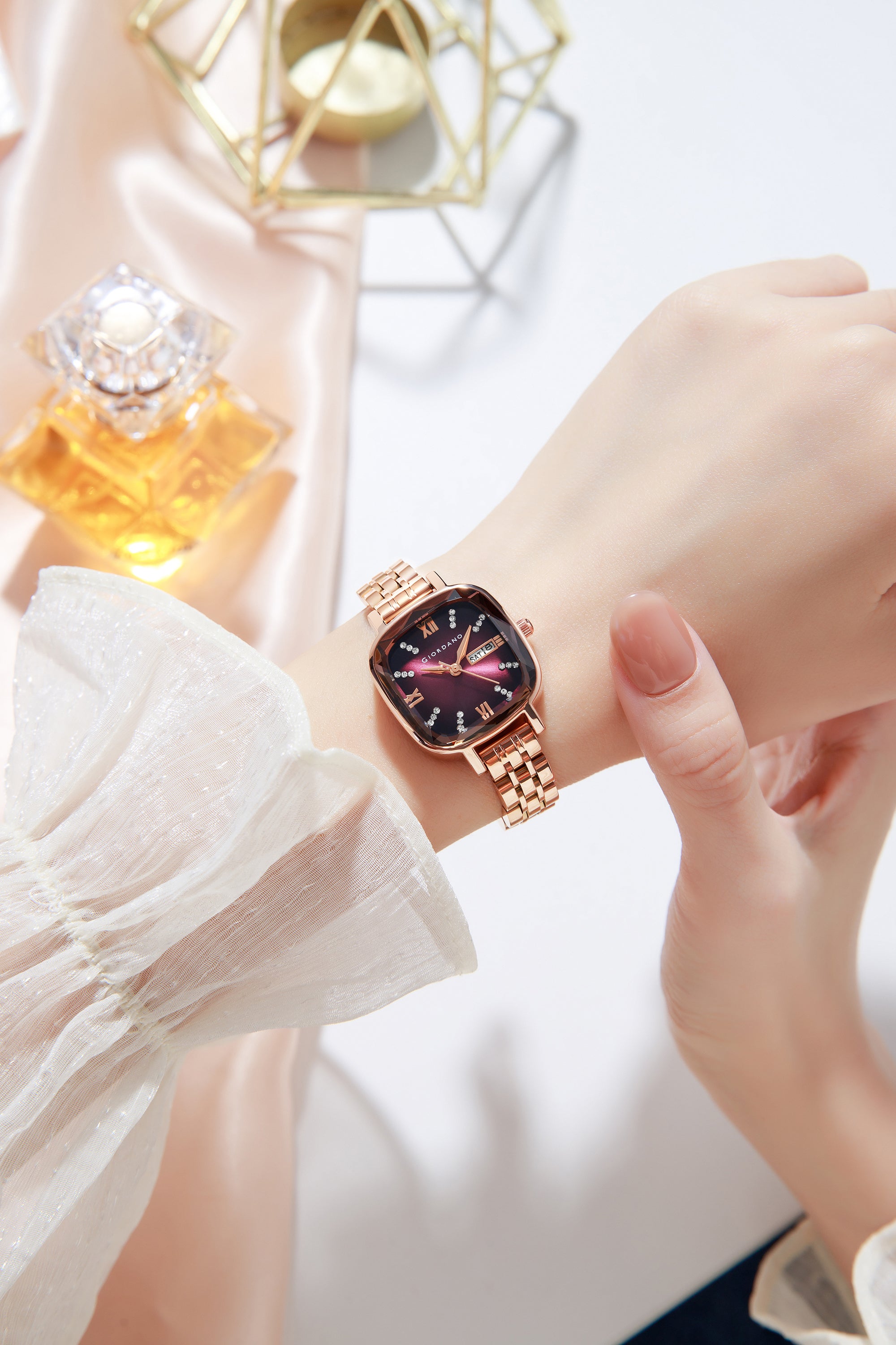 Giordano Elegant Square Rose Gold Watch for Women – Crystal & Roman Hour Markers, Day-Date Display, Stainless Steel Strap | GZ-60097-11