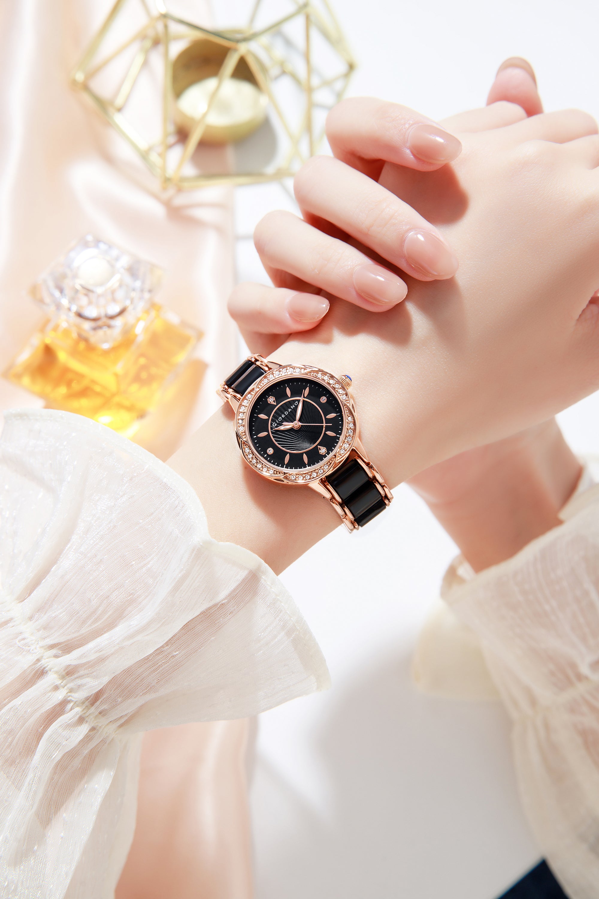 Giordano Flower Case Watch for Women with Crystal-Studded Bezel, Diamond Hour Markers & Dual Tone Stainless Strap | GZ-60095-11