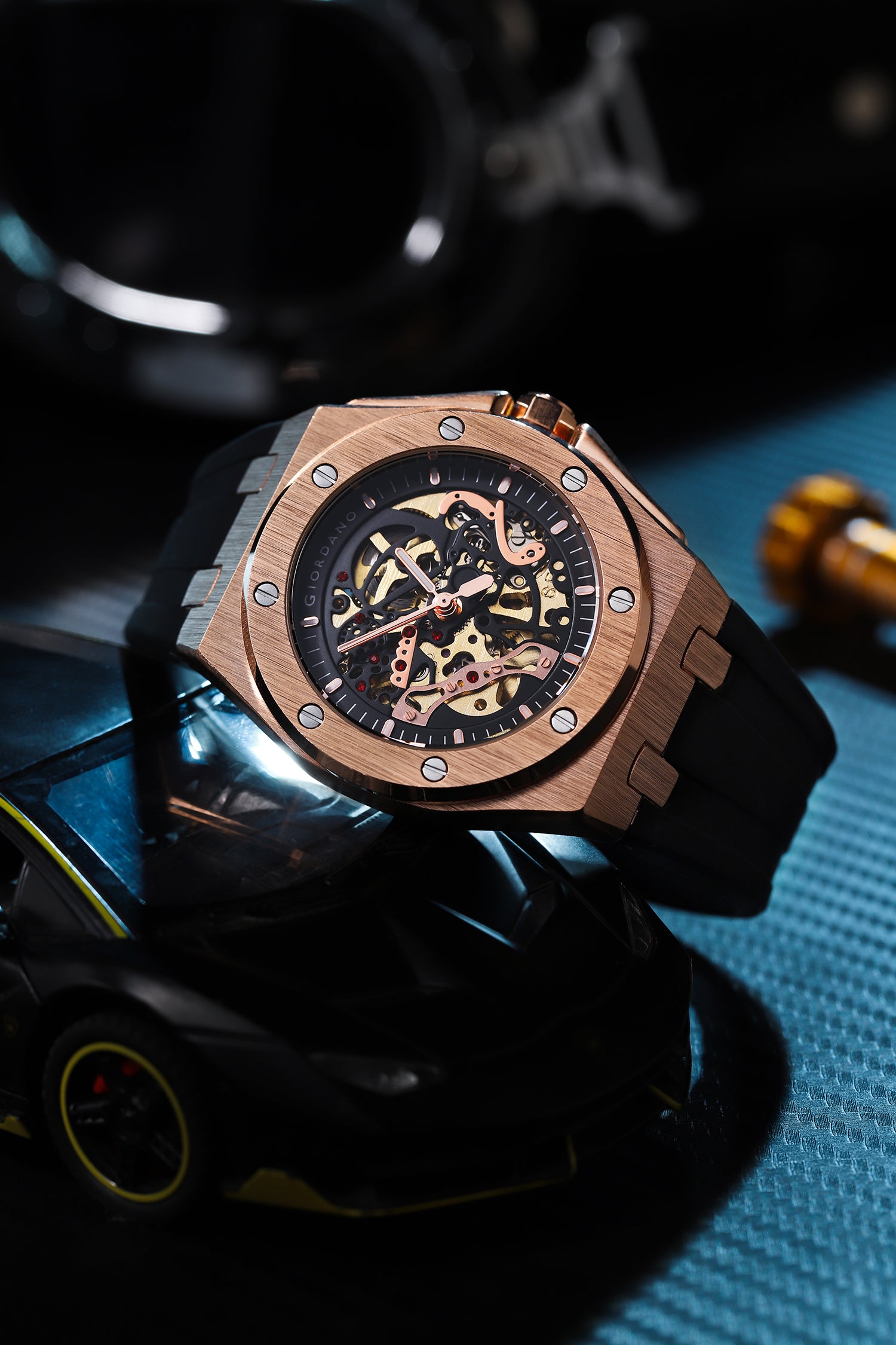 Giordano Automatic Watch for Men – Mechanical Skeleton Dial,Transparent Gear Display, Silicon Strap | GZ-50129-02