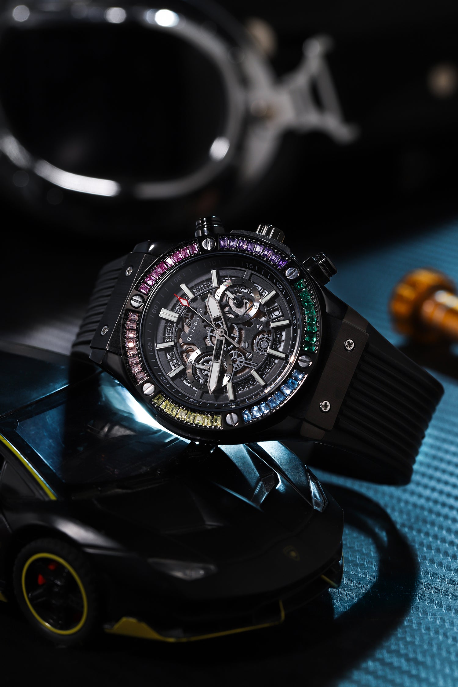 Giordano Multi-Function Watch for Men | Rainbow Crystal Bezel | Skeleton Dial | Black Sillicon Strap | GZ-50130-01