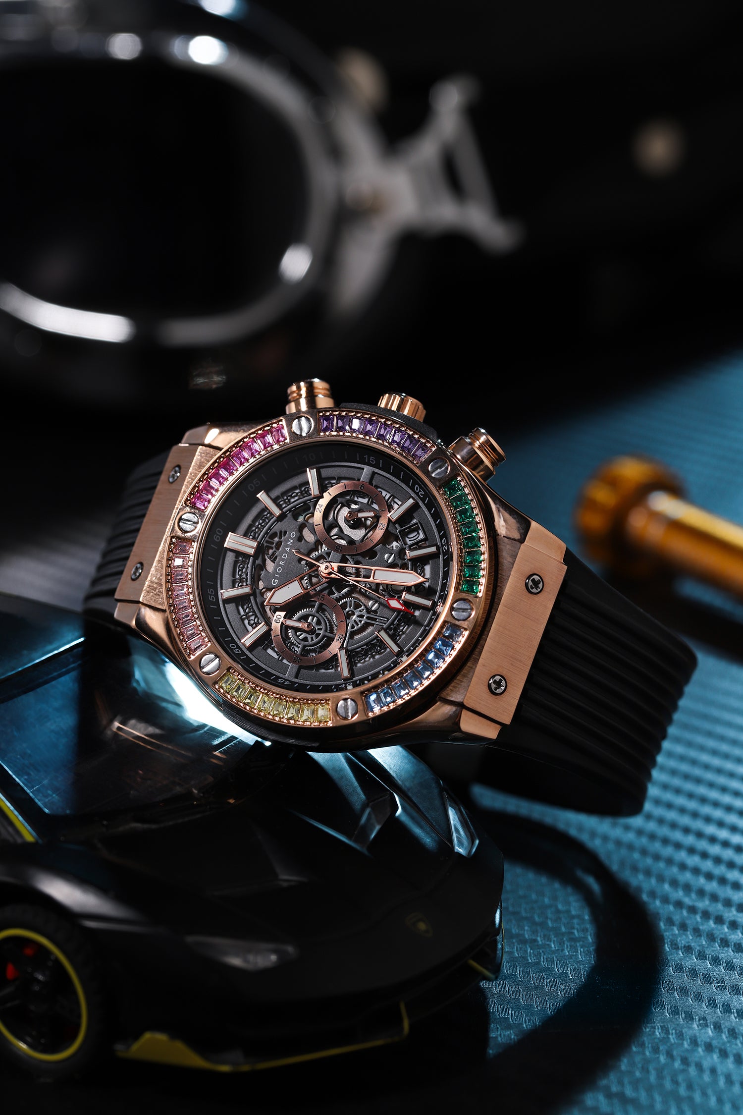 Giordano Multi-Function Watch for Men | Rainbow Crystal Bezel | Skeleton Dial | Black Sillicon Strap | GZ-50130-03