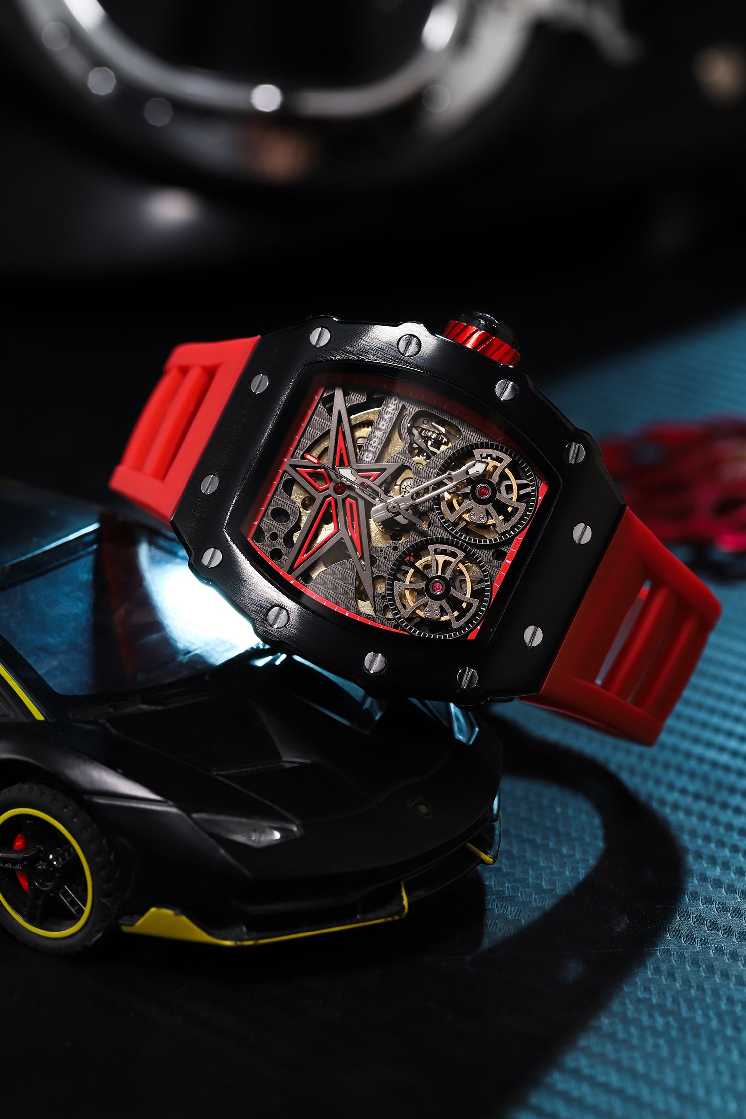 Giordano Luxury Automatic Watch for Men – Mechanical Skeleton Dial, Dual Gear Display,Silicon Strap | GZ-50128-04