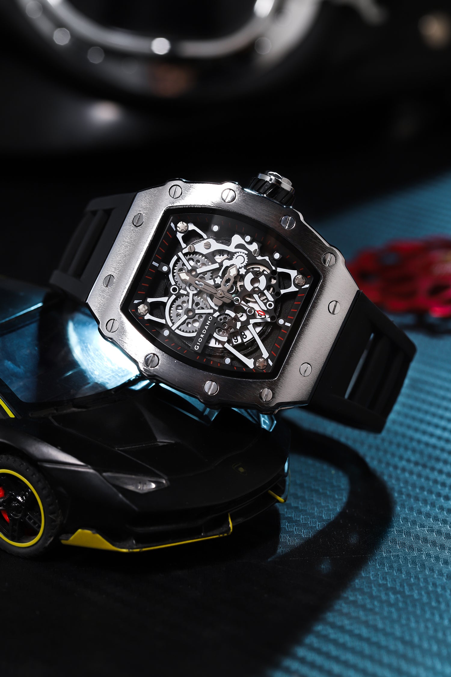 Giordano Analog Watch for Men - Skeleton-Style Dial | Brushed Steel Case with Silicone Strap | GZ-50127-02