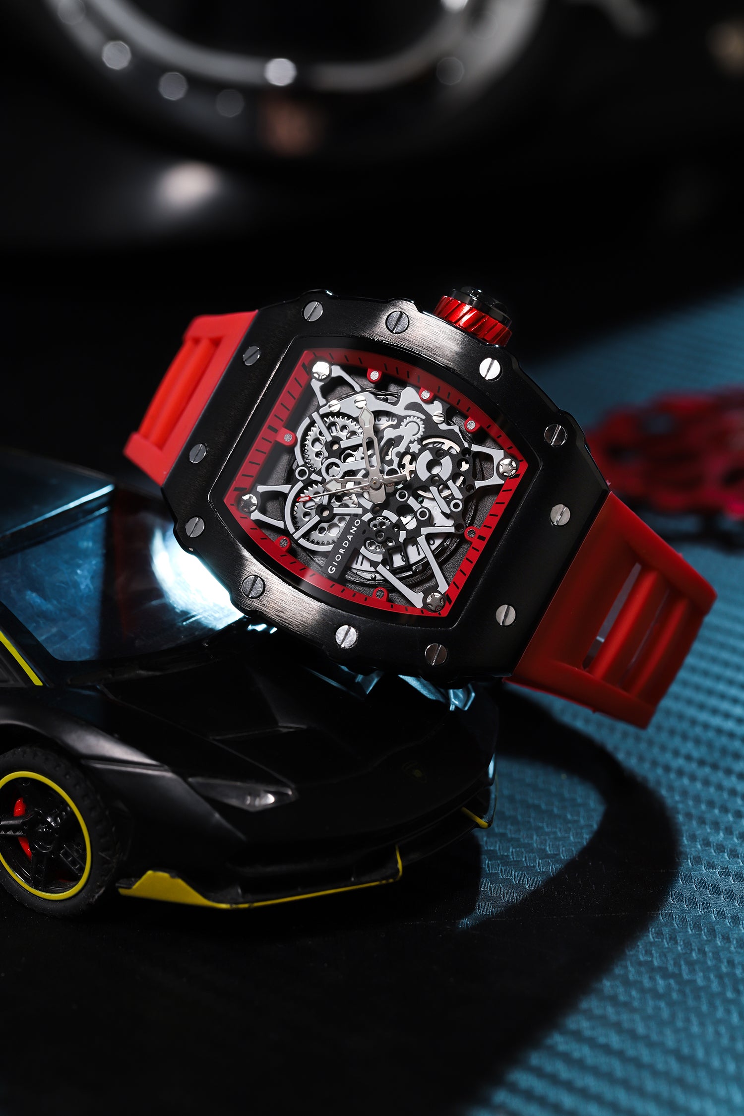 Giordano Analog Watch for Men - Skeleton-Style Dial | Brushed Steel Case with Silicone Strap | GZ-50127-06