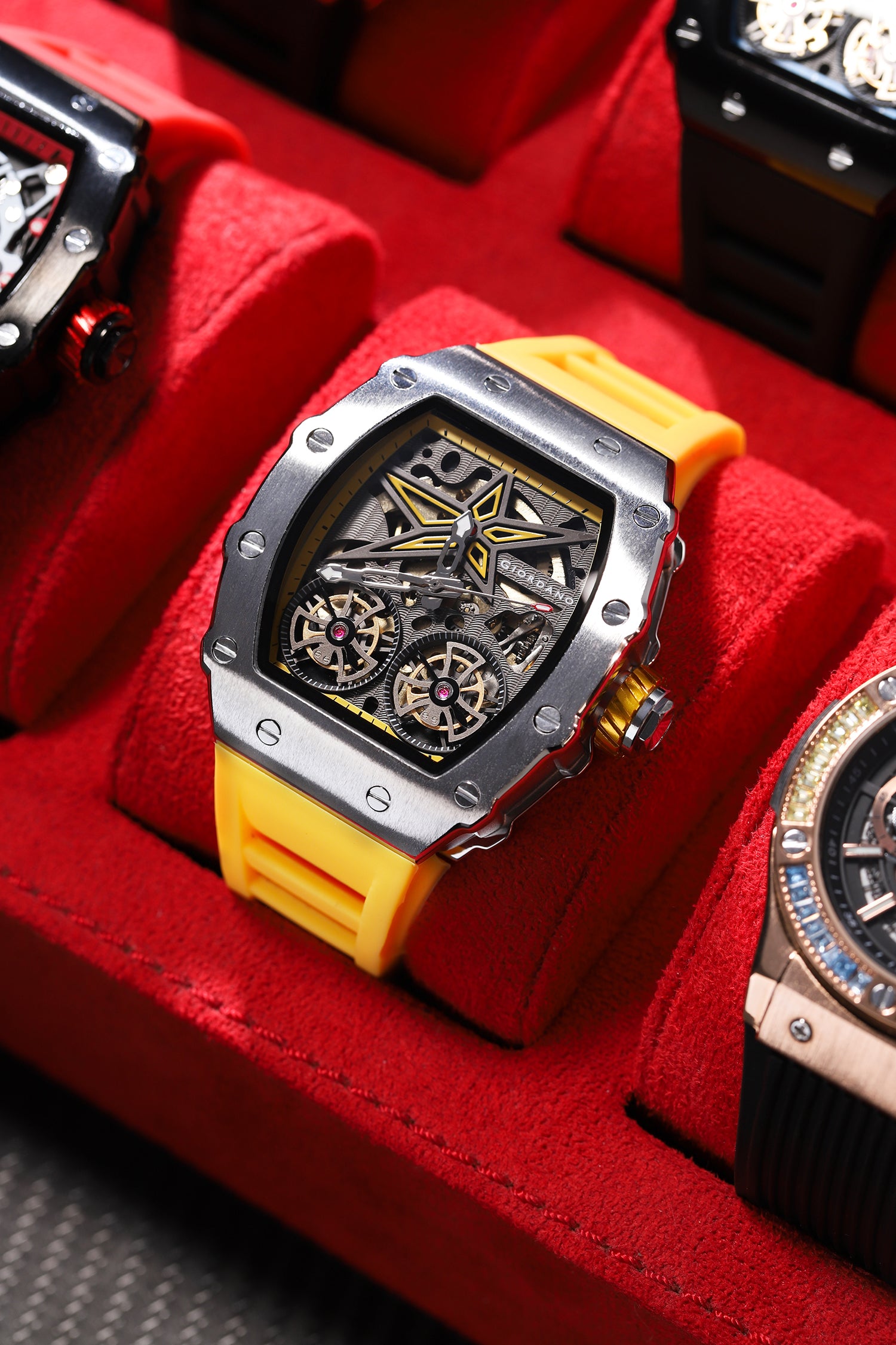 Giordano Luxury Automatic Watch for Men – Mechanical Skeleton Dial, Dual Gear Display,Silicon Strap | GZ-50128-03