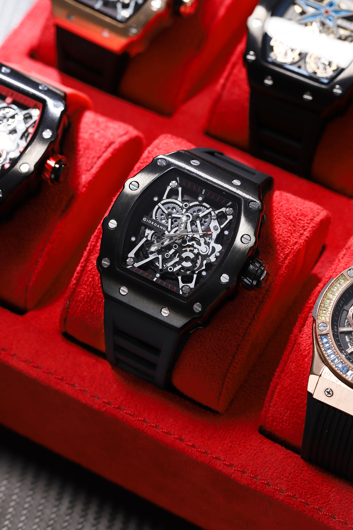 Giordano Analog Watch for Men - Skeleton-Style Dial | Brushed Steel Case with Silicone Strap | GZ-50127-01