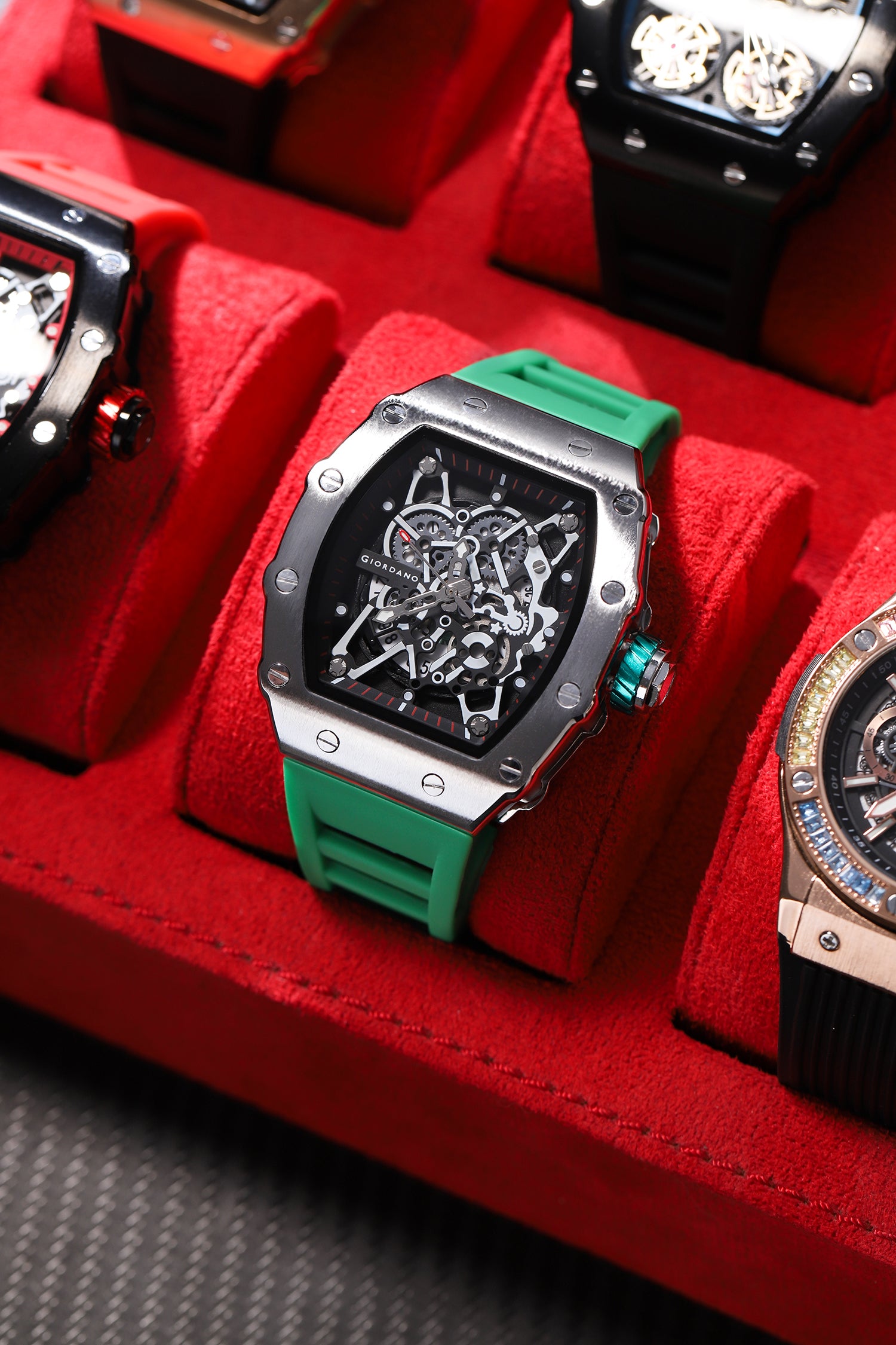 Giordano Analog Watch for Men - Skeleton-Style Dial | Brushed Steel Case with Silicone Strap | GZ-50127-07