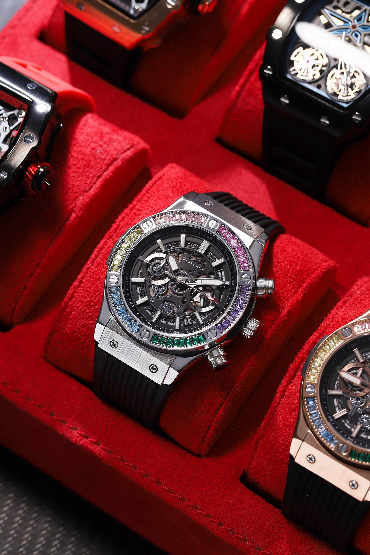 Giordano Multi-Function Watch for Men | Rainbow Crystal Bezel | Skeleton Dial | Black Sillicon Strap | GZ-50130-02