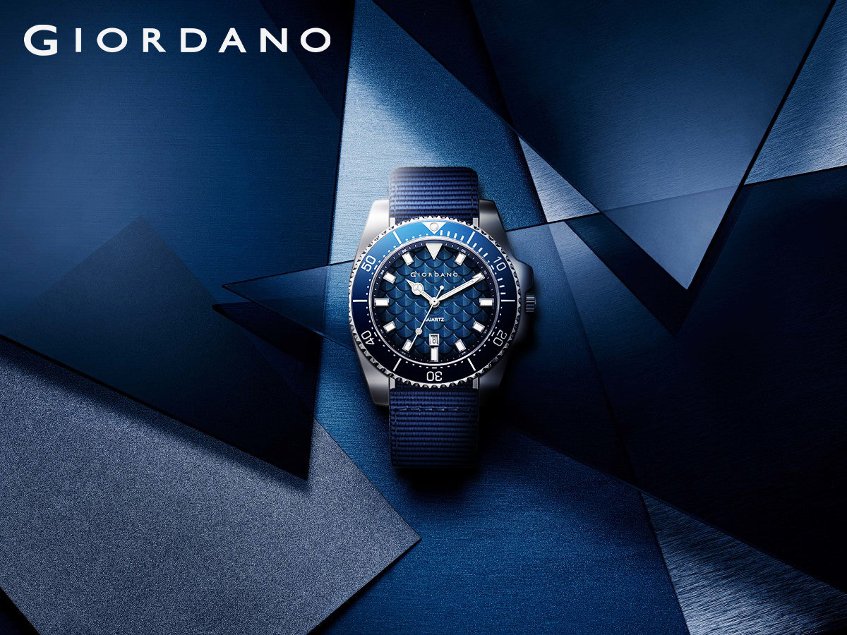 Giordano Analog Quartz Watch for Men with Black Textured Fish Scale Dial, Luminous Hands & Markers, Date Window, Nylon NATO Strap, Rotating Bezel GZ-50195-22