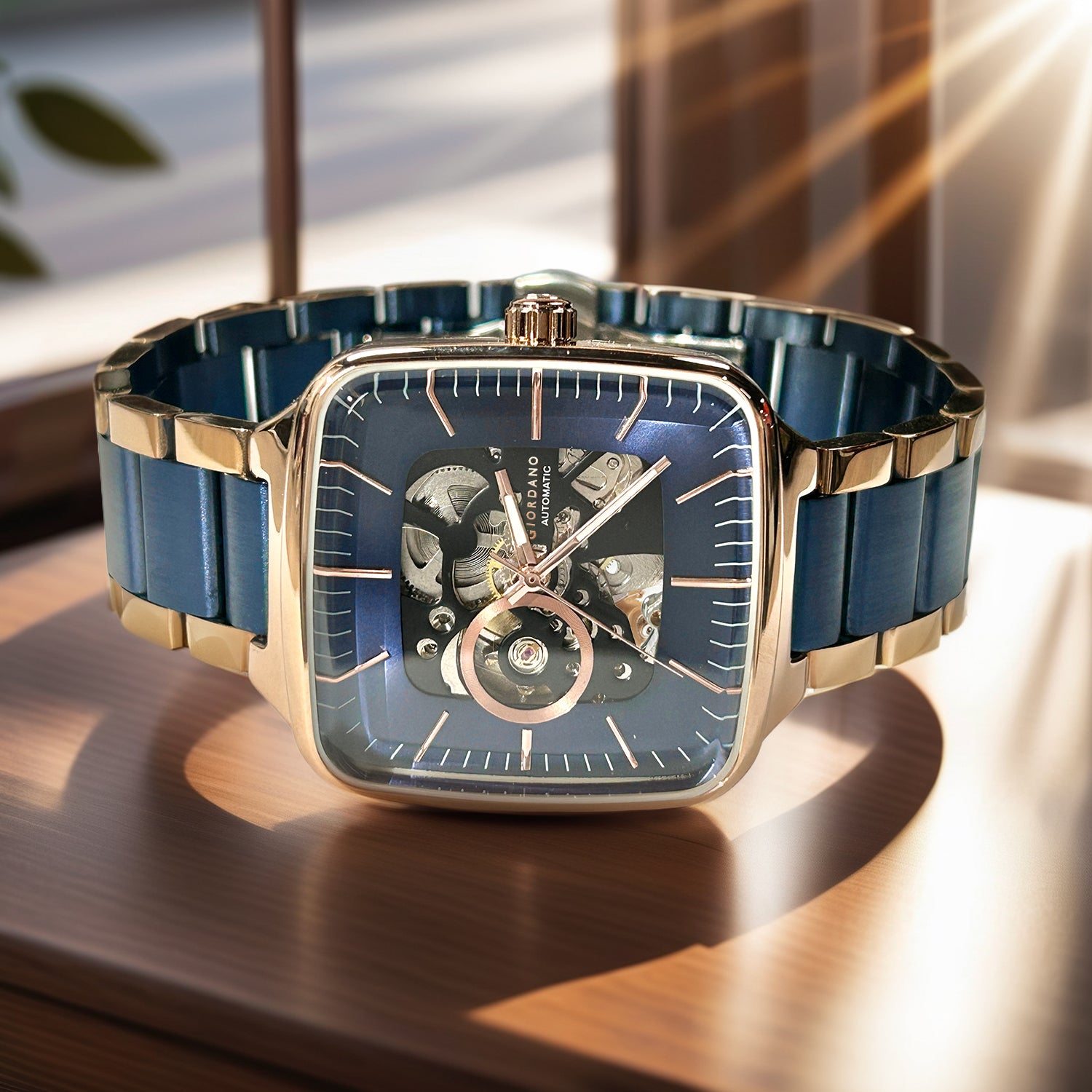 Giordano Luxury Watch for Men – Automatic Skeleton Square Dial, Stainless Steel Strap, Premium Mechanical Movement | GZ-50121-22