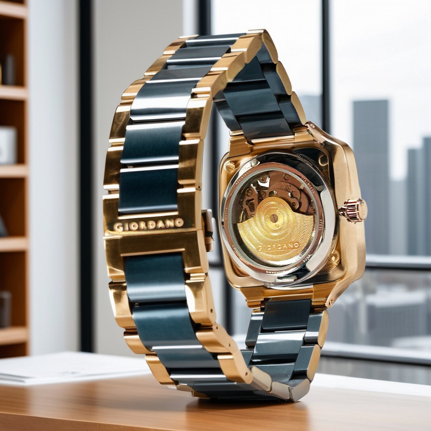 Giordano Luxury Watch for Men – Automatic Skeleton Square Dial, Stainless Steel Strap, Premium Mechanical Movement | GZ-50121-22