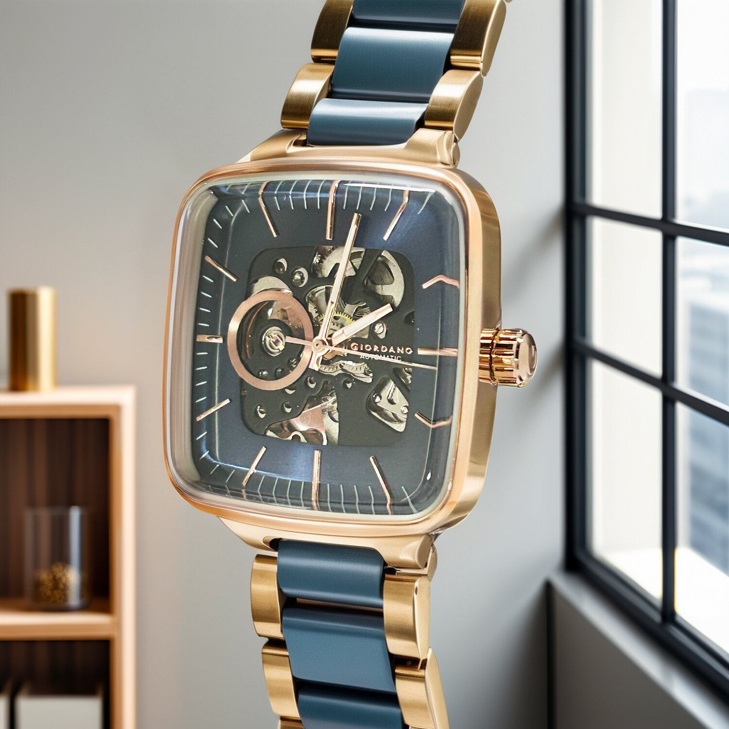 Giordano Luxury Watch for Men – Automatic Skeleton Square Dial, Stainless Steel Strap, Premium Mechanical Movement | GZ-50121-22