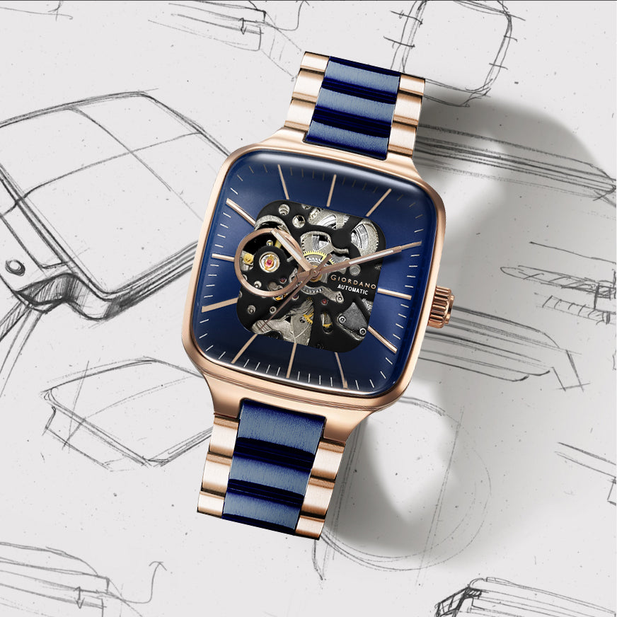 Giordano Luxury Watch for Men – Automatic Skeleton Square Dial, Stainless Steel Strap, Premium Mechanical Movement | GZ-50121-22