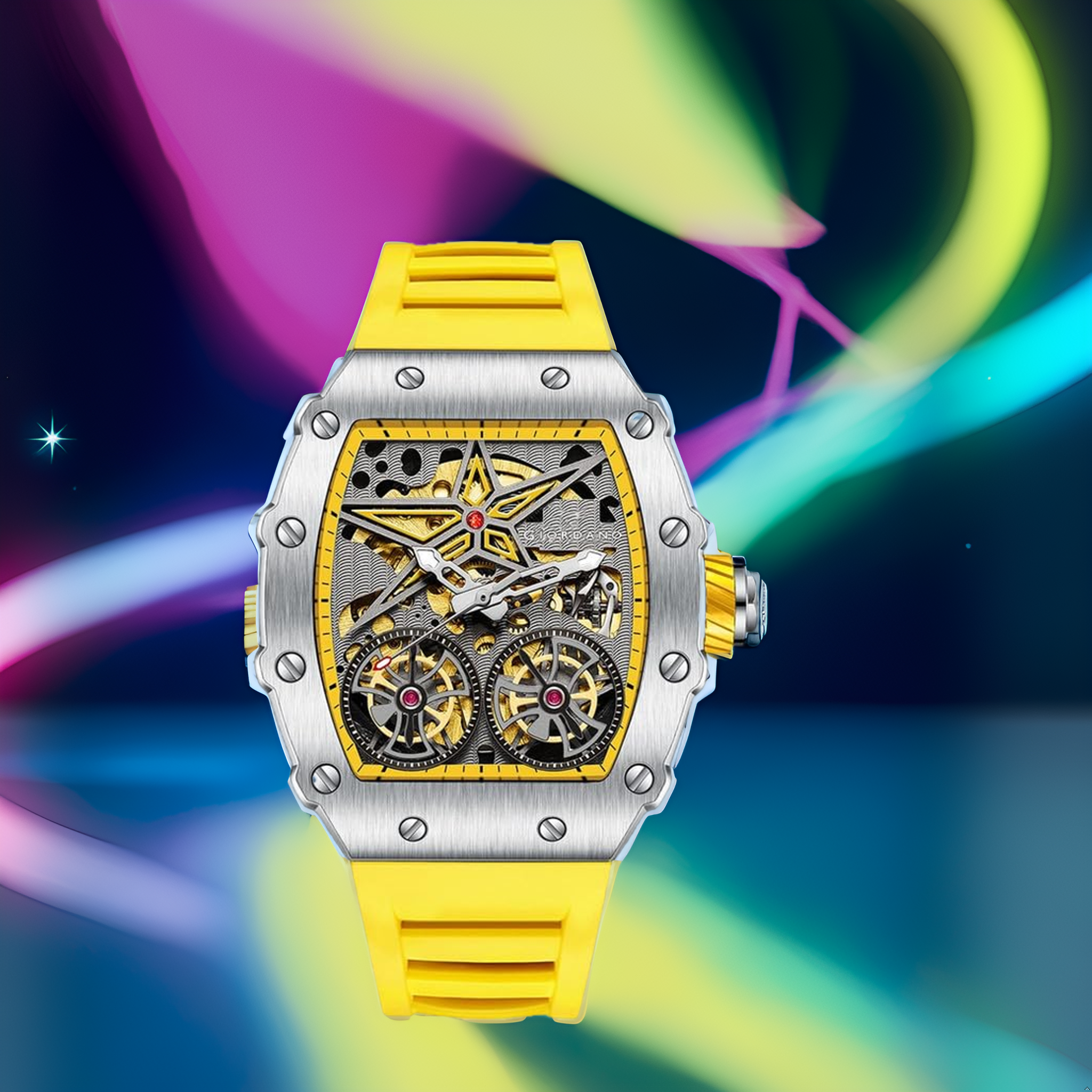 Giordano Luxury Automatic Watch for Men – Mechanical Skeleton Dial, Dual Gear Display,Silicon Strap | GZ-50128-03