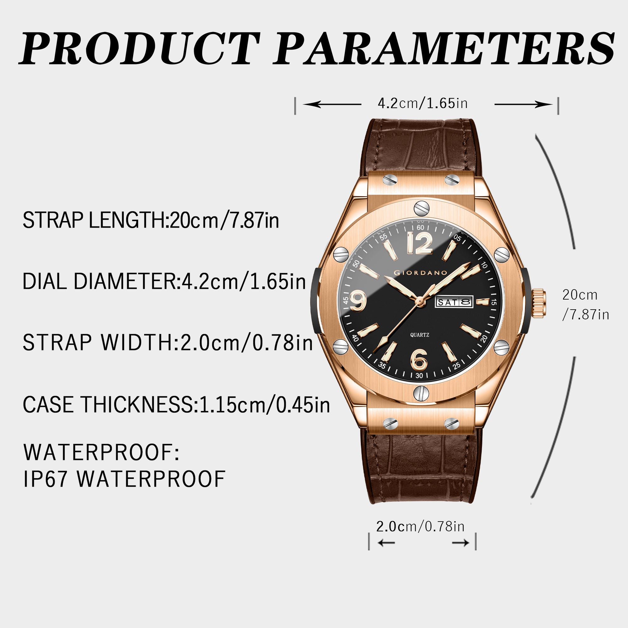 GIORDANO Luxury Watch for Men with Leather Strap, Day-Date Display, Brushed Metal Finish, and Silver Screw Details - GZ-50176-02