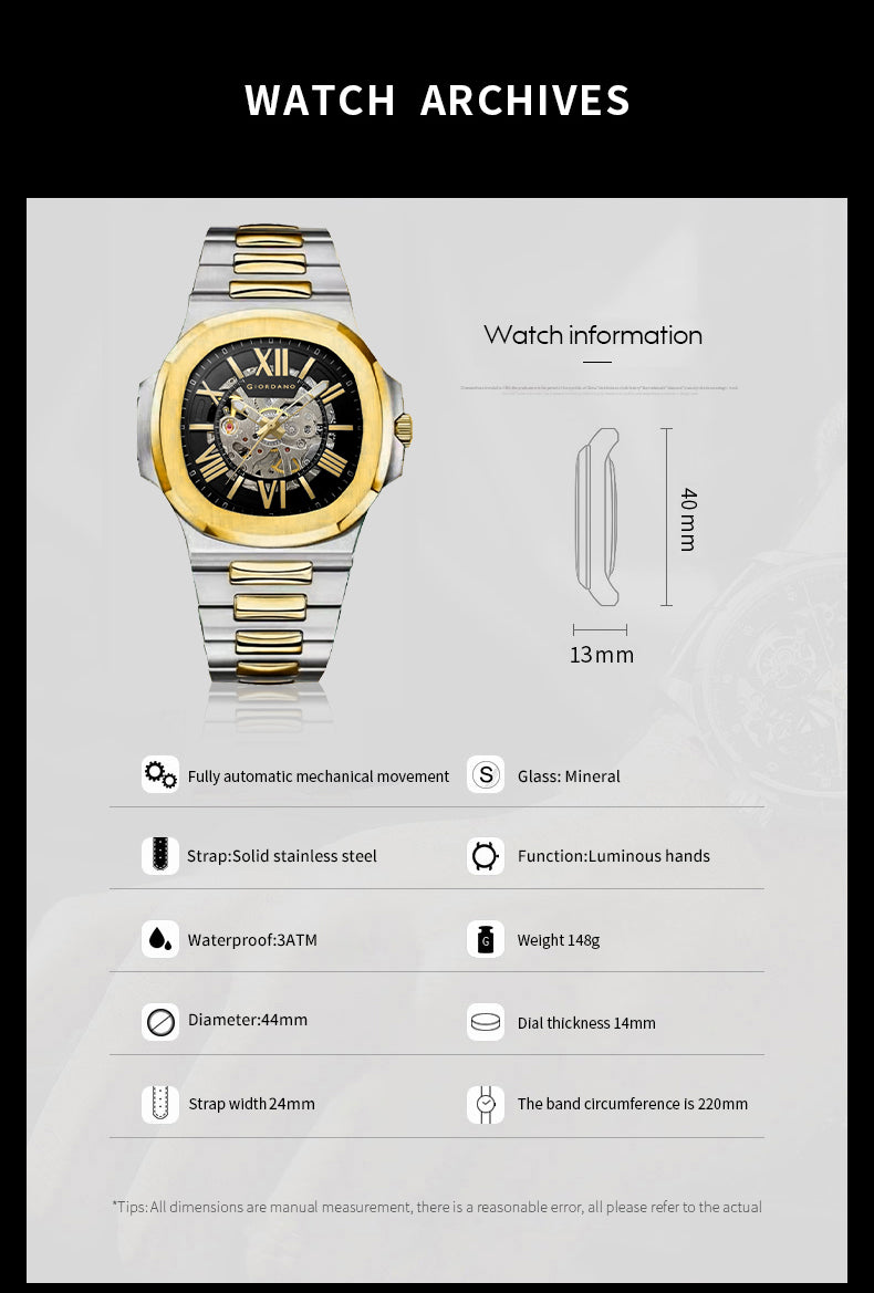 Giordano Dual-Tone Skeleton Automatic Stainless Steel Watch for Men with Luxurious Gold Accent Case | GZ-50114-11
