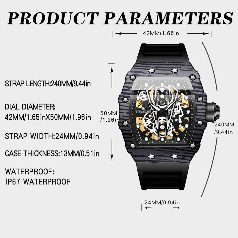 GIORDANO Automatic Square Watch for Men with Skeleton Design, Rugged Textured Case, Luminous Hands, and Silicone Strap - GZ-50181-11