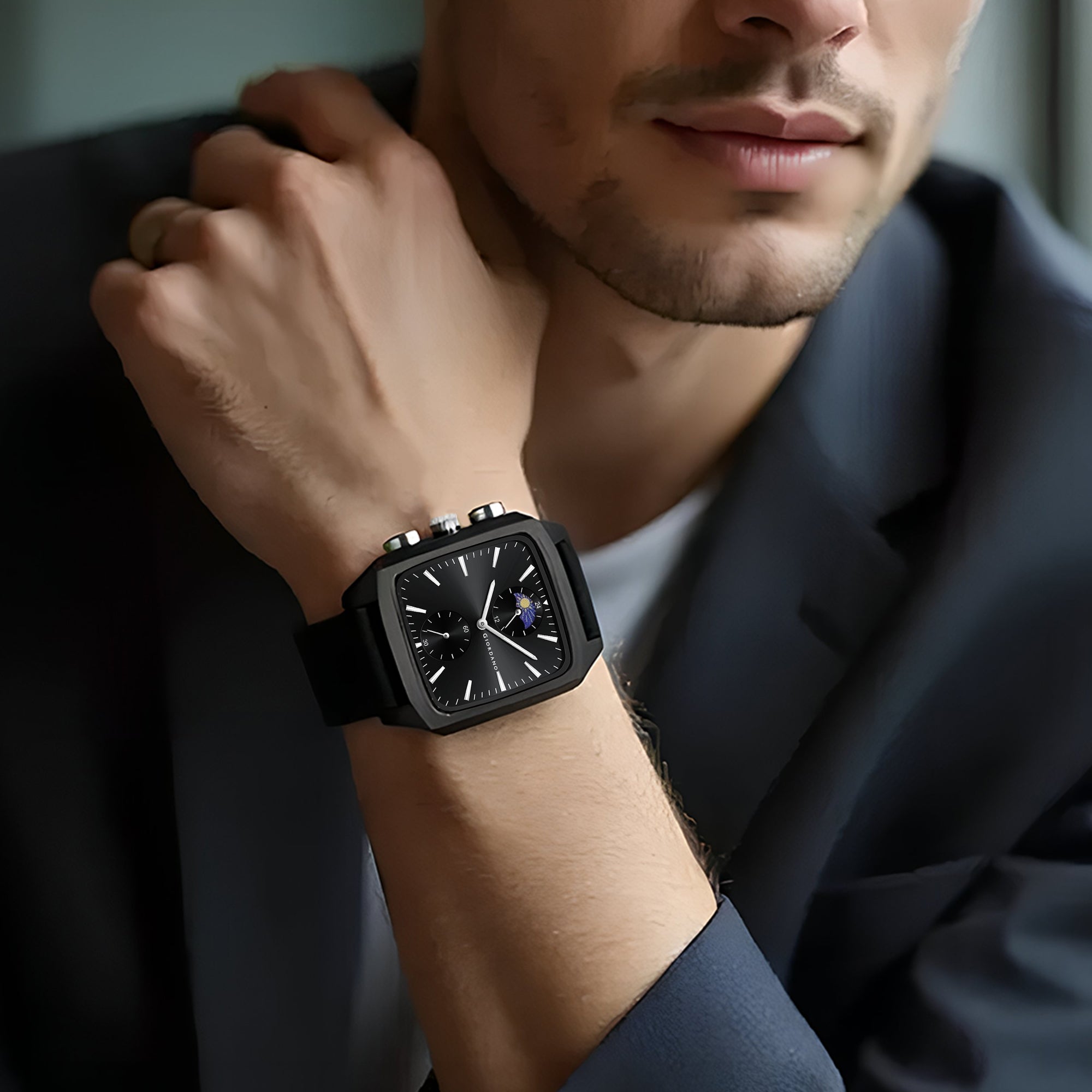 Giordano Premium Square Case Watch for Men | Moon Phase/24-Hour Indicator, Dual Subdials, Silicone Strap GZ-50166-01