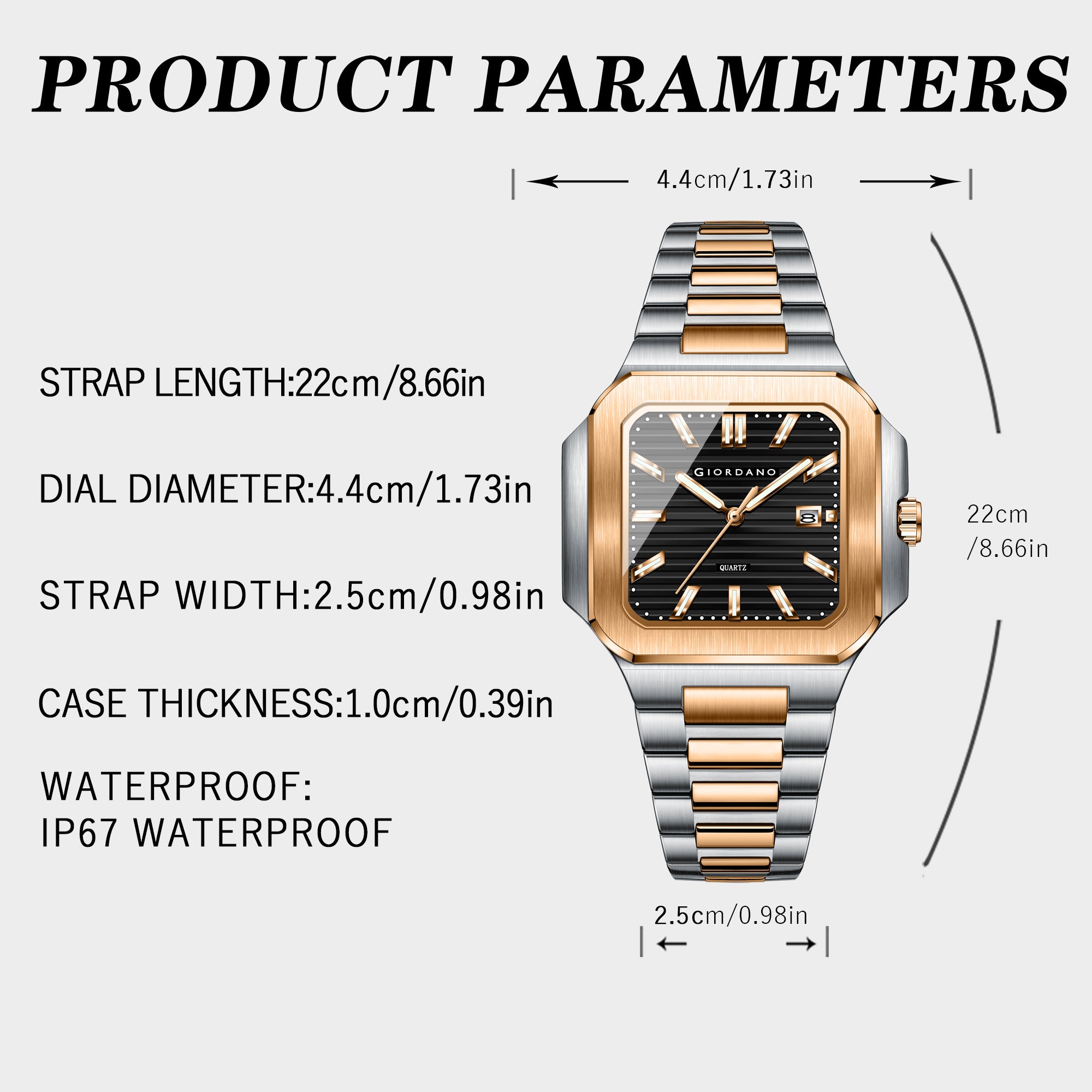 GIORDANO Analog Square Watch for Men – Textured Dial, Two-Tone Stainless Steel Strap, Quartz Movement and Date Display - GZ-50174-11